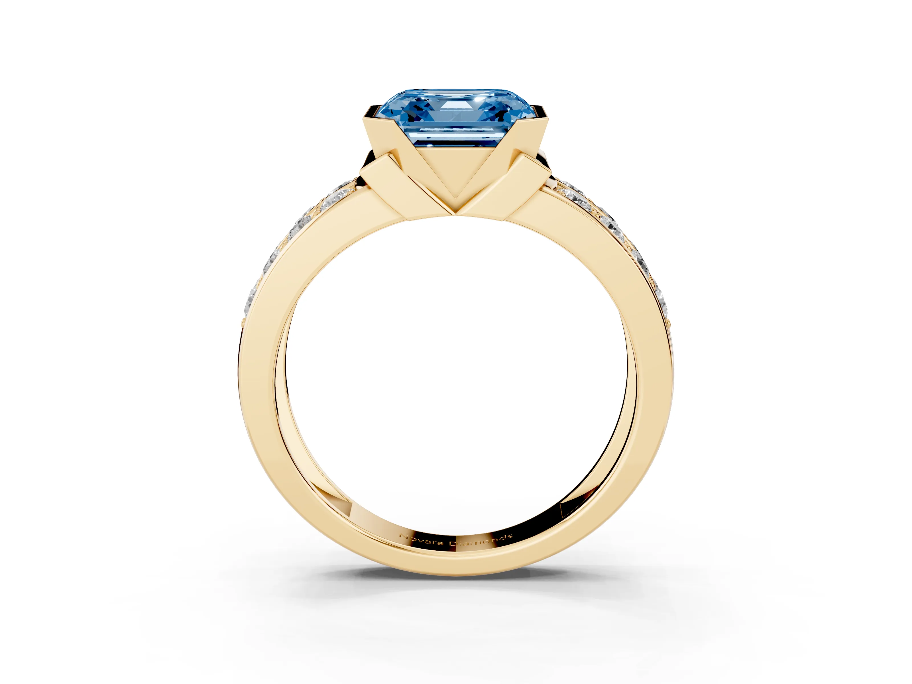 Fancy Blue Asscher Cut Diamond Wide Channel Set Band Ring Set in Yellow gold with Bezel Setting