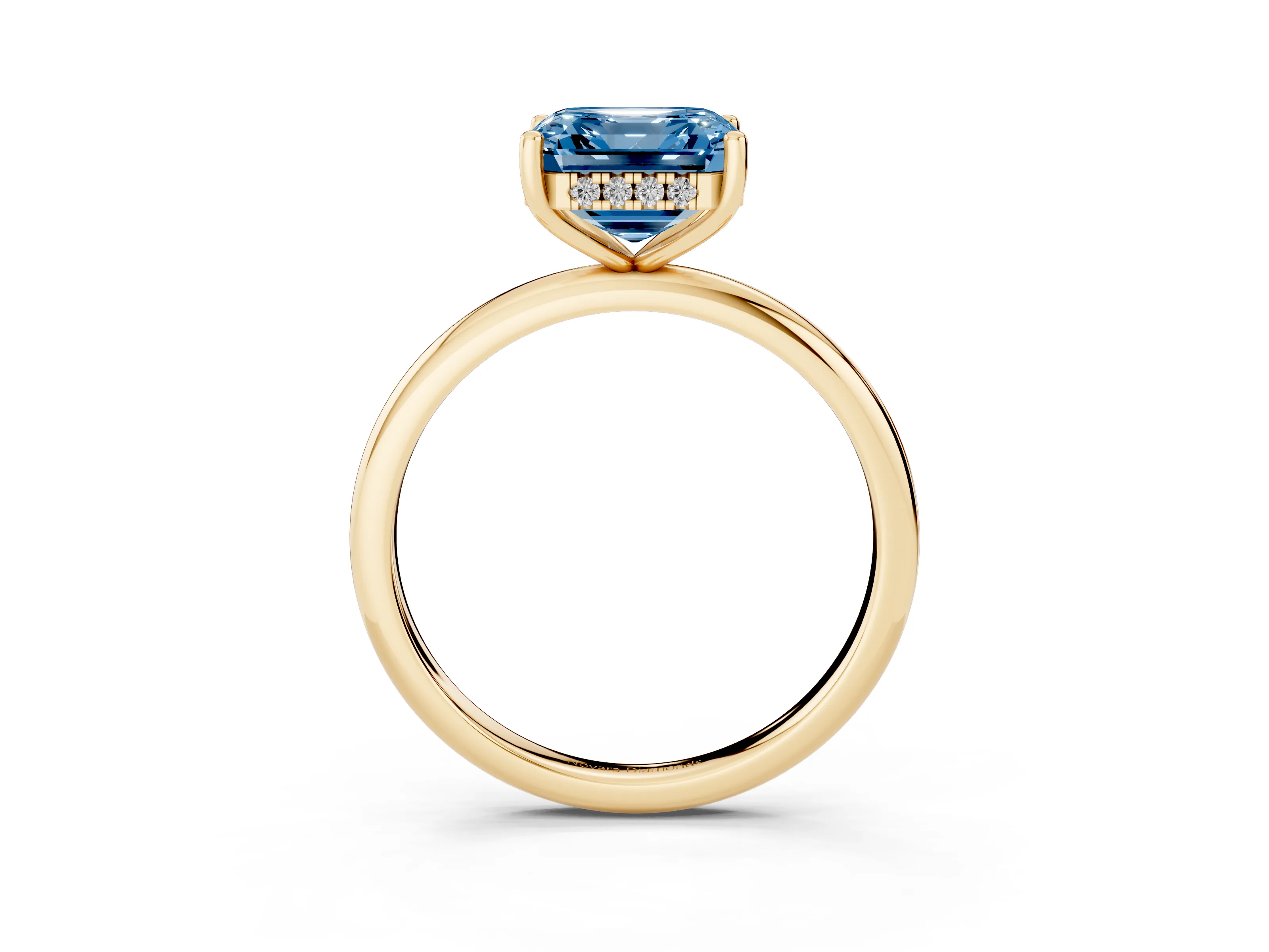 Fancy Blue Asscher Cut Diamond Solitaire Engagement Ring Set in Yellow gold with Prong Setting and Polished Band