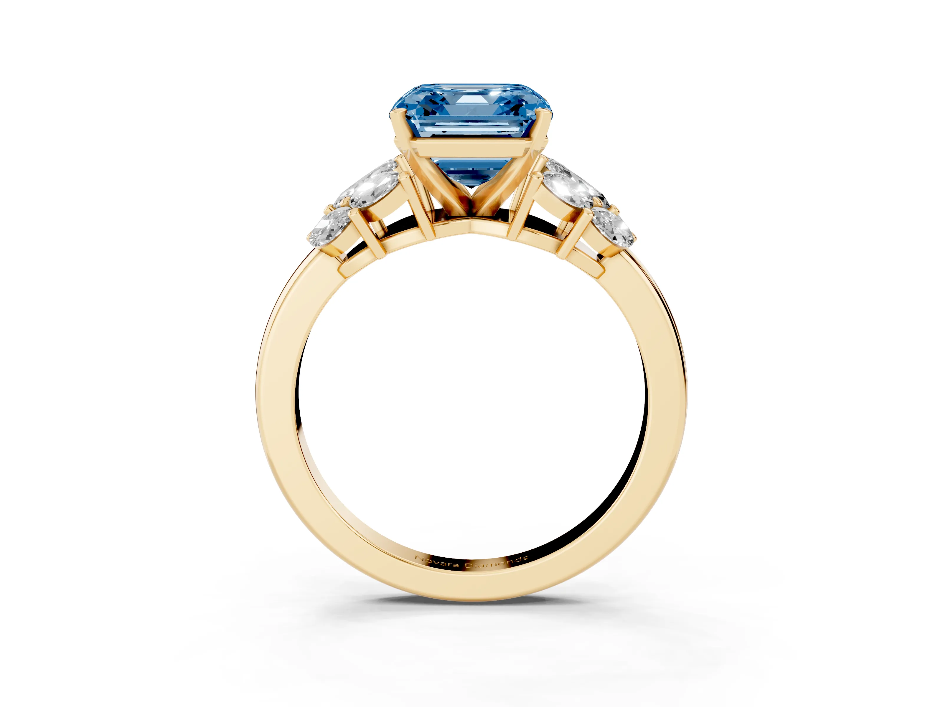 Fancy Blue Asscher Cut Diamond Cluster Leaf Design Ring Set in Yellow gold with Prong Setting