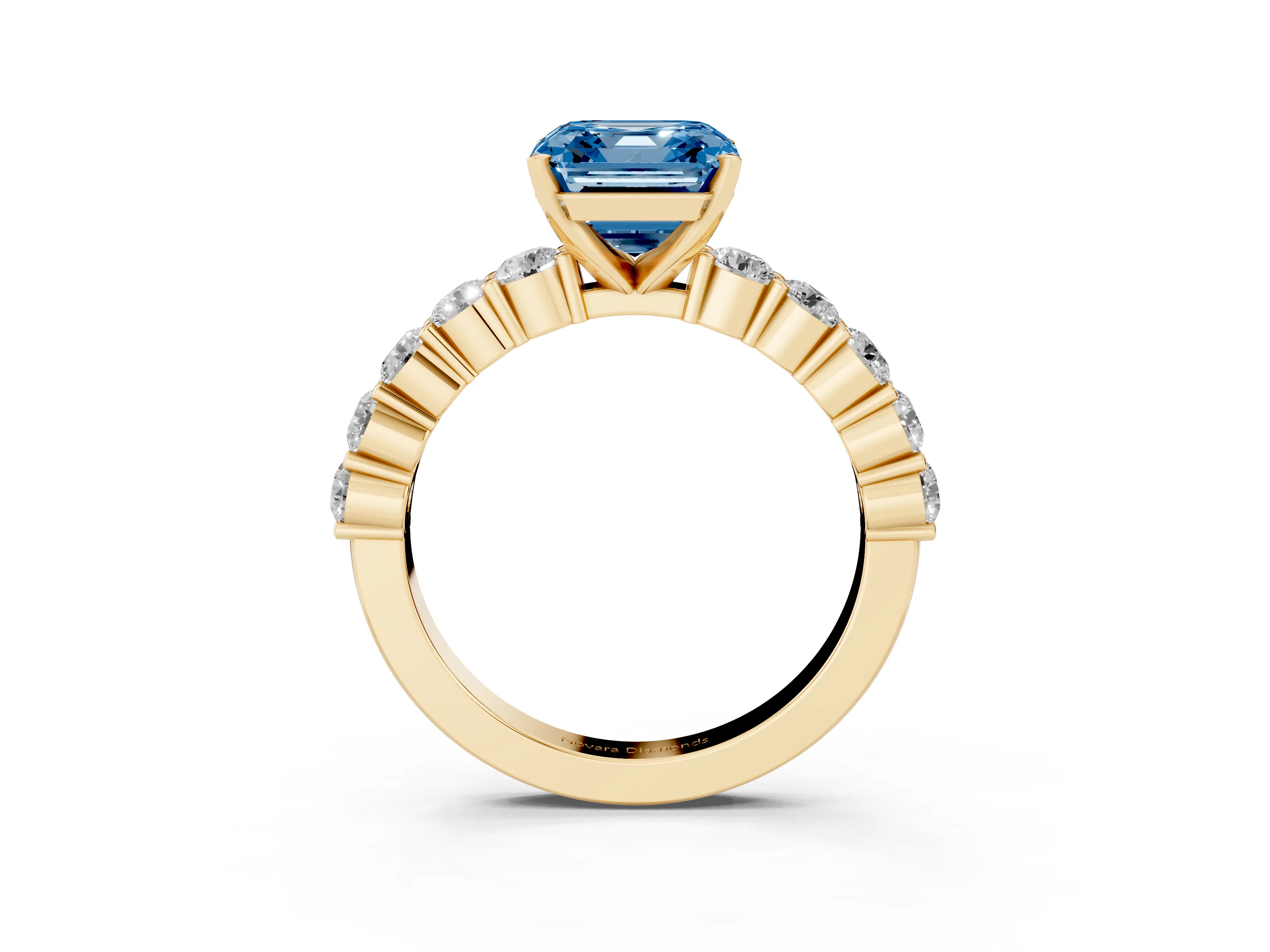 Fancy Blue Asscher Cut Diamond Solitaire Ring Set in Yellow gold with Shared Prong Round Side Stones