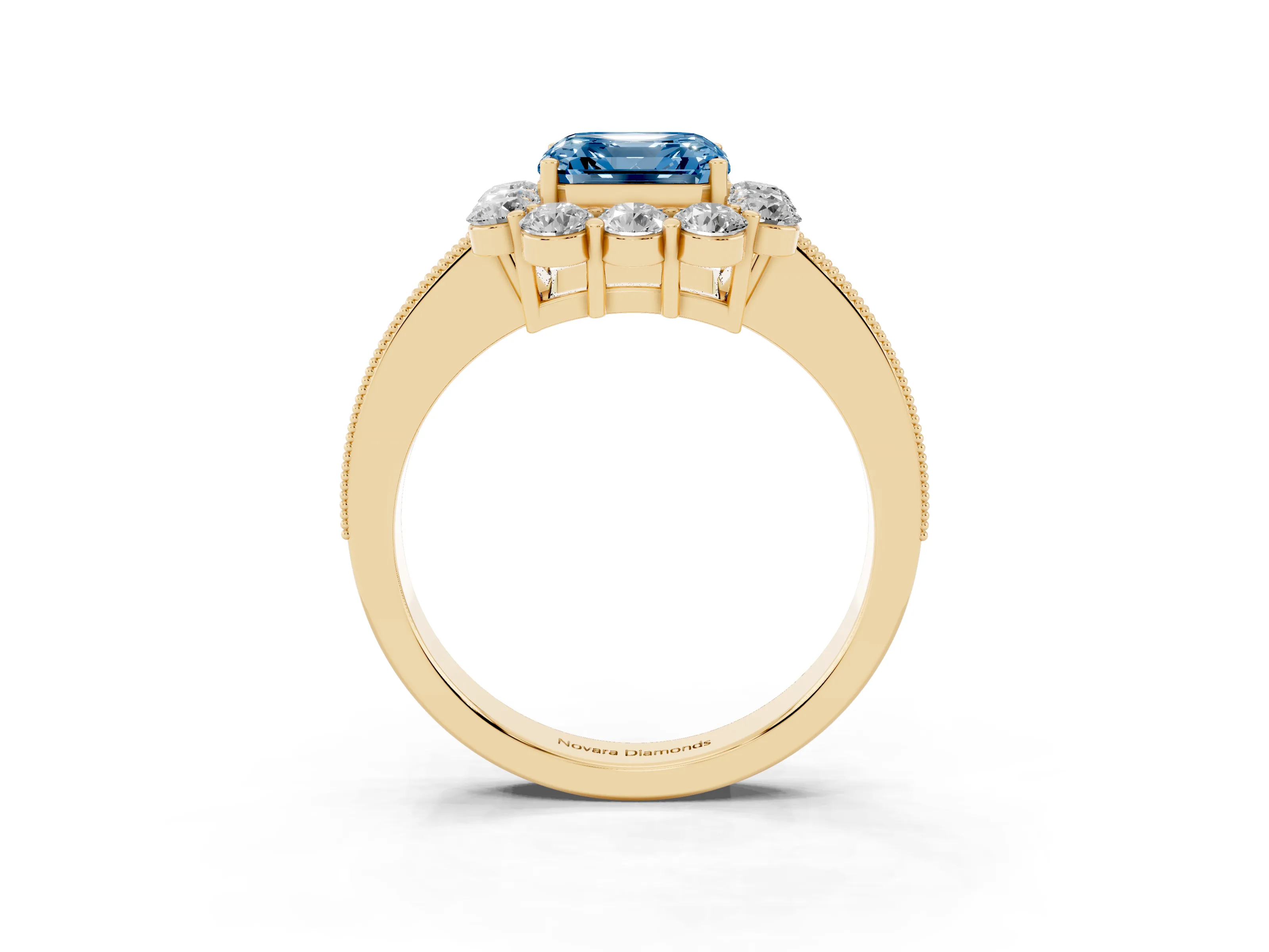 Fancy Blue Asscher Cut Diamond Halo Pavé Engagement Ring Set in Yellow gold with Milgrain Detailing