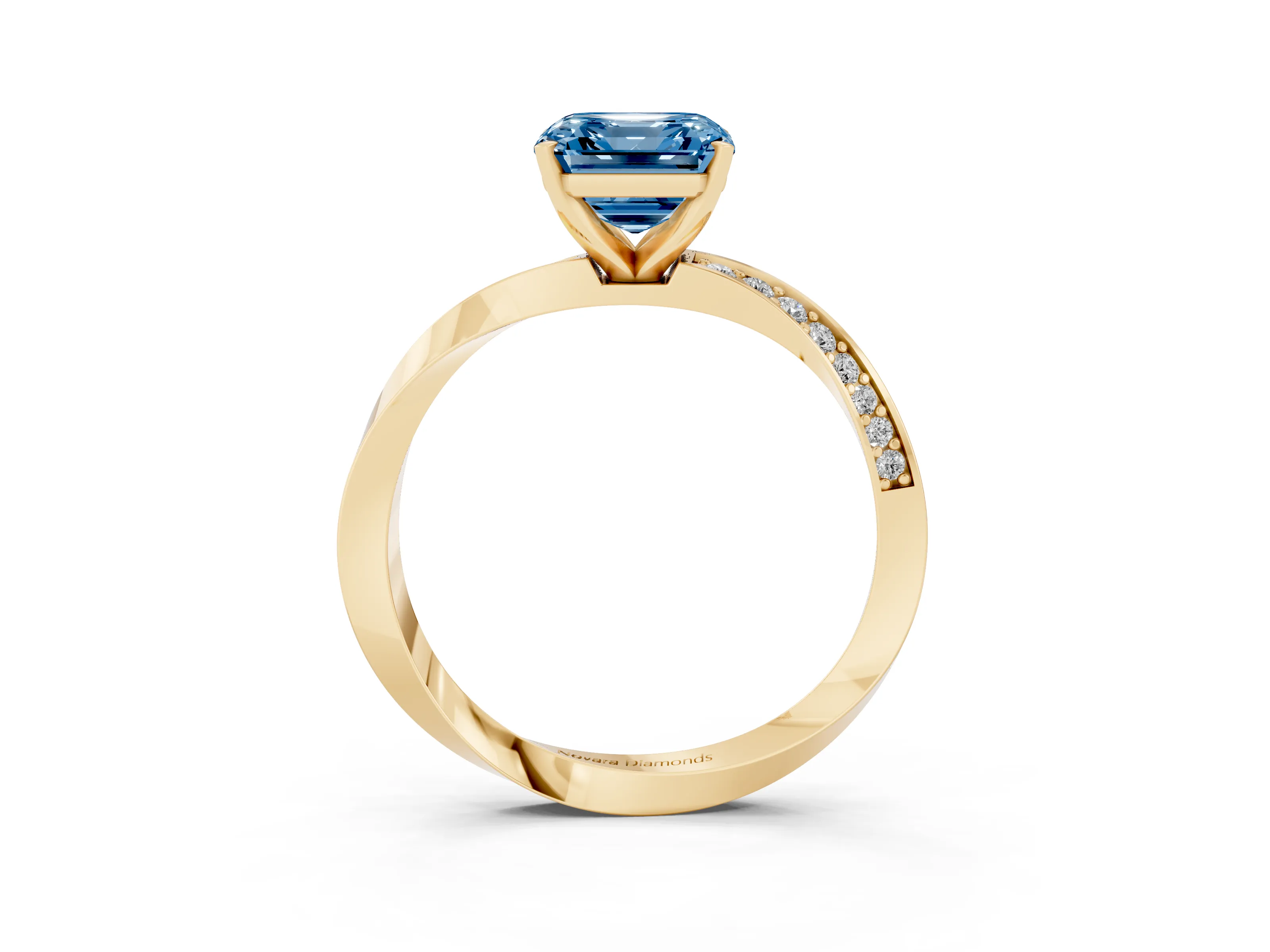 Fancy Blue Asscher Cut Diamond Engagement Ring Set in Yellow gold with Side Stone Accents and Prong Setting