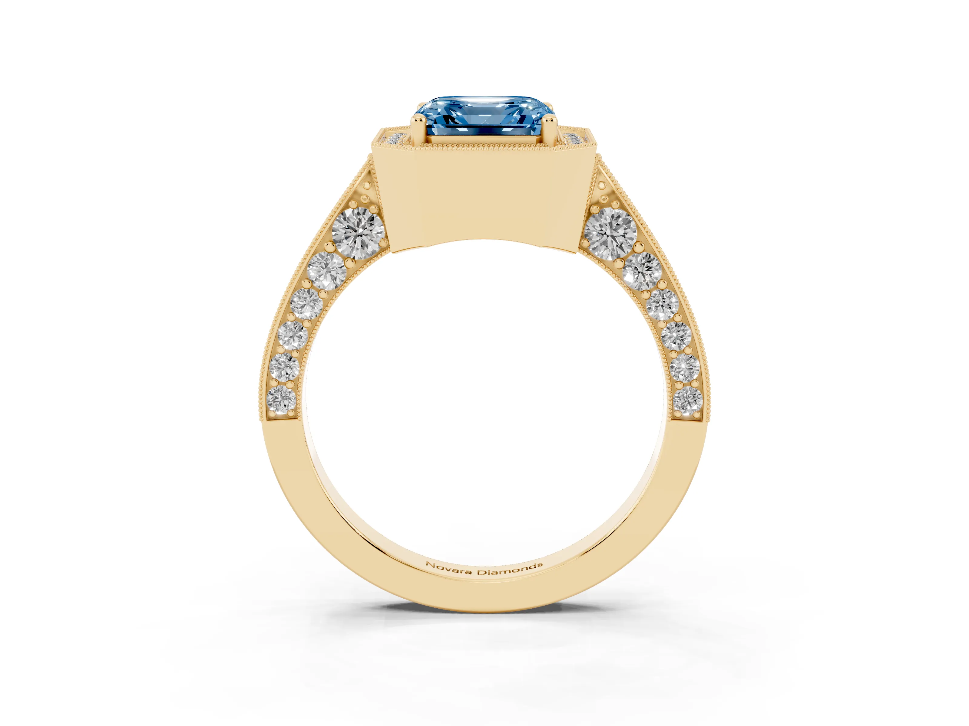 Fancy Blue Asscher Cut Diamond Halo Engagement Ring Set in Yellow gold with Accent Split Shank Band