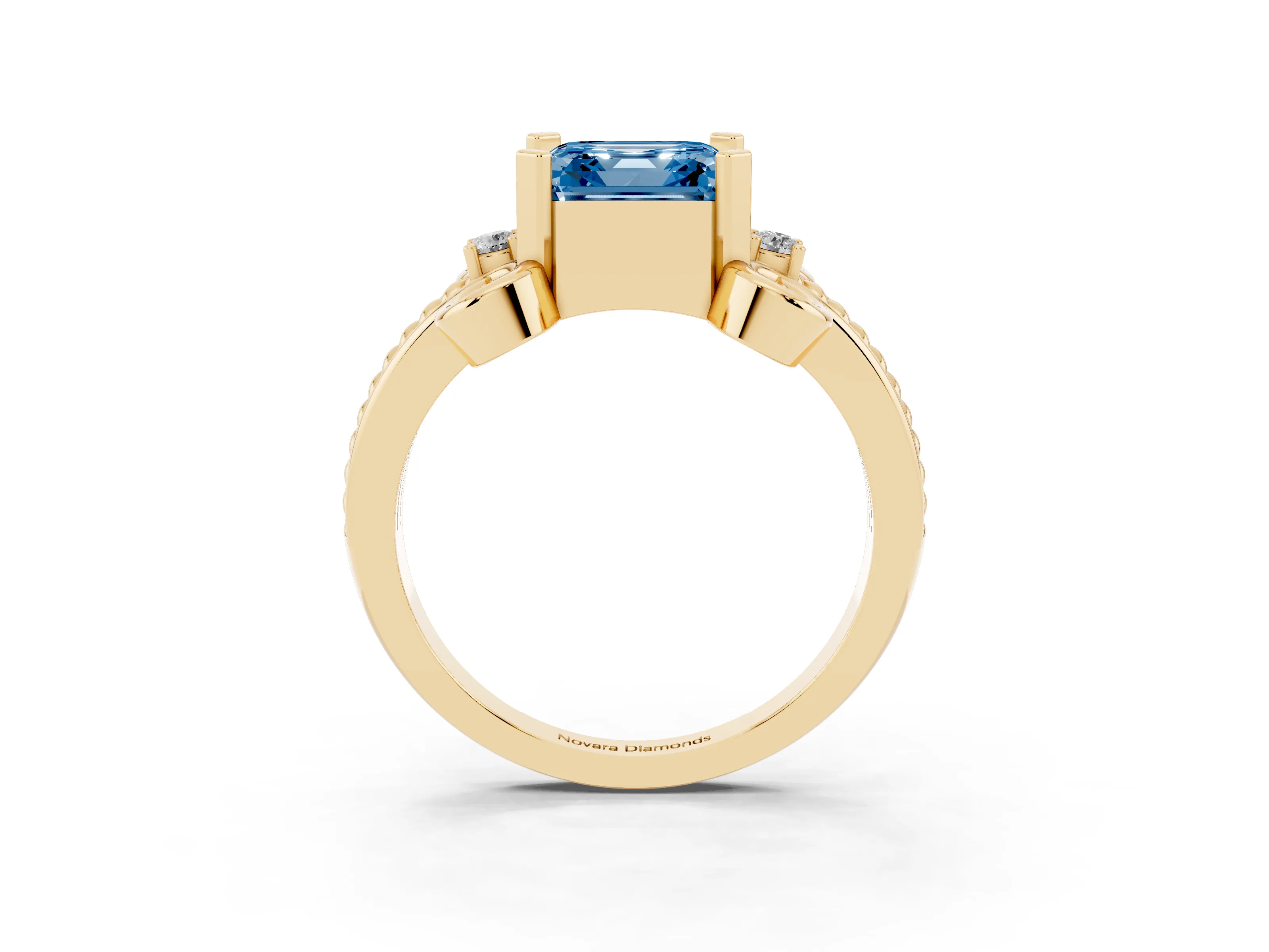 Fancy Blue Asscher Cut Diamond Twisted Band Solitaire Ring Set in Yellow gold with Scroll Prongs