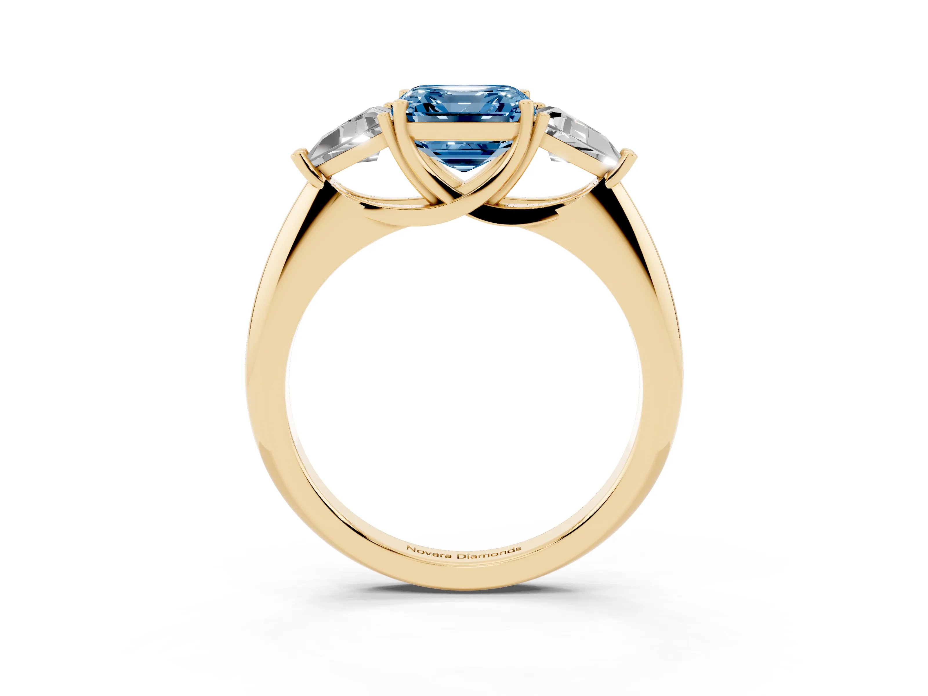 Fancy Blue Asscher Cut Diamond Three-Stone Engagement Ring Set in Yellow gold with Trillion Side Stones