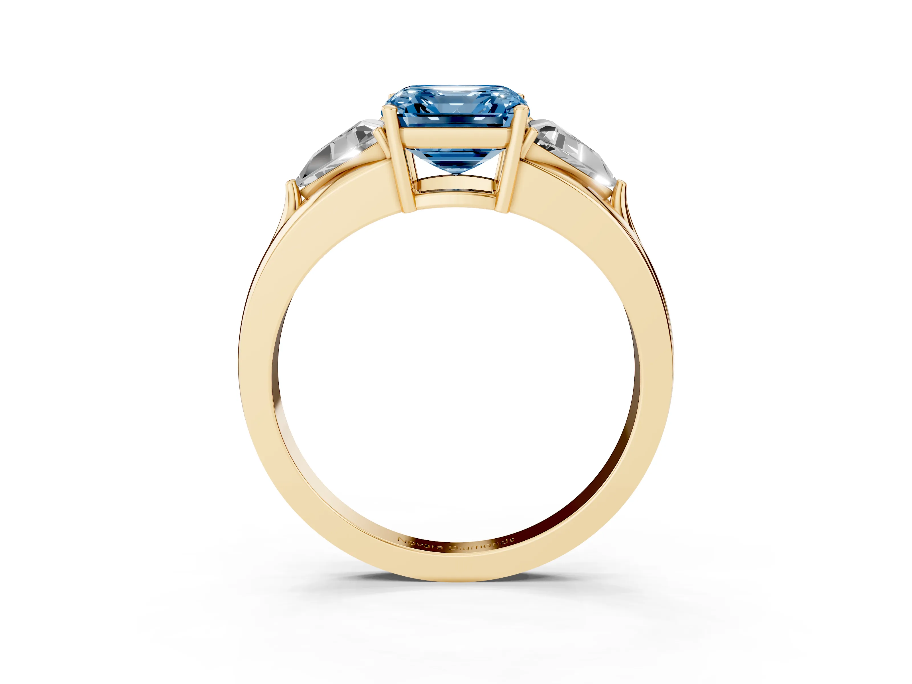 Fancy Blue Asscher Cut Diamond Three-Stone Ring Set in Yellow gold with Trillion Side Stones and Split Shank