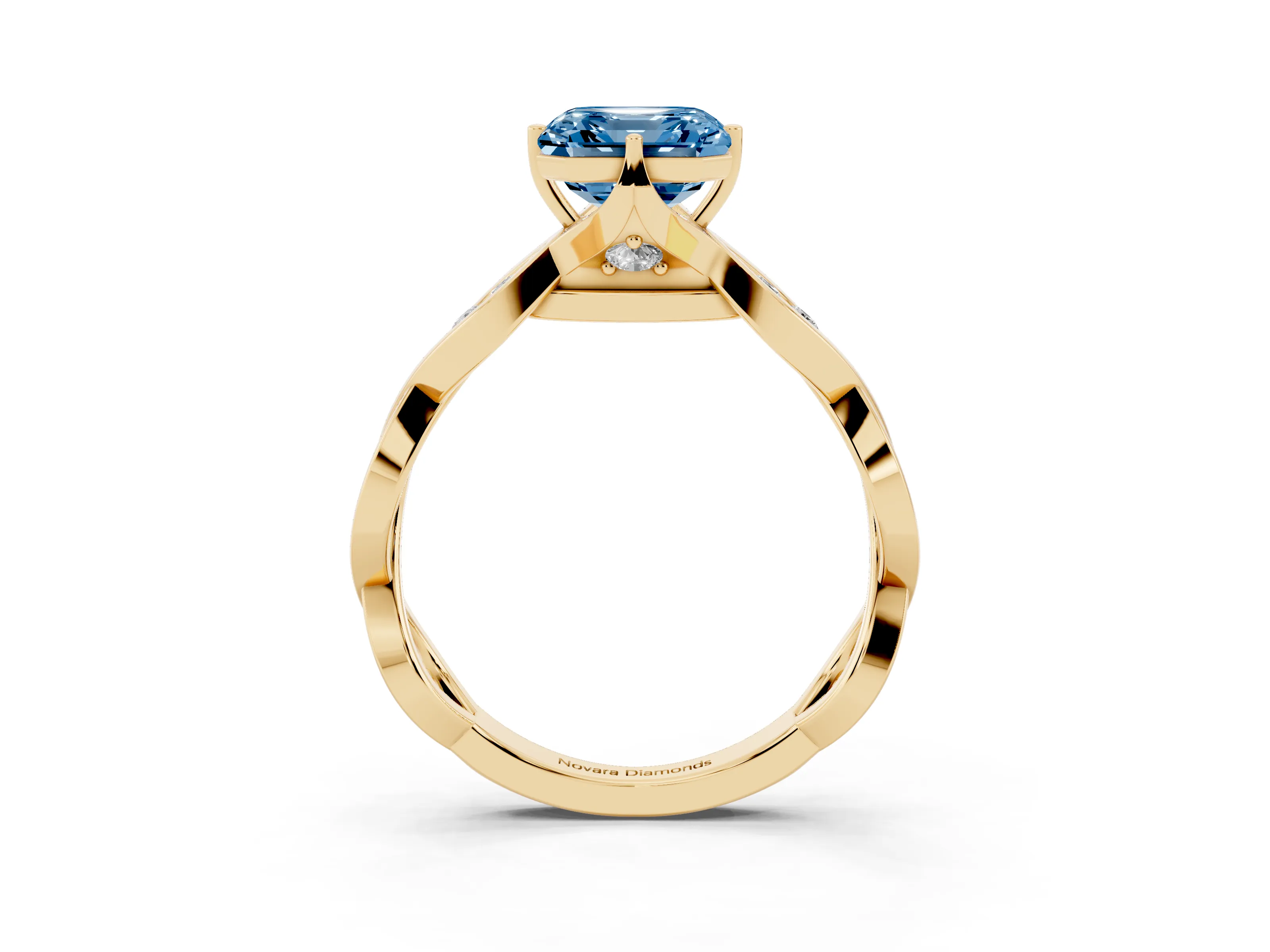Fancy Blue Asscher Cut Diamond Twist Band Solitaire Ring Set in Yellow gold with Leaf Prong Setting and Accent Stones