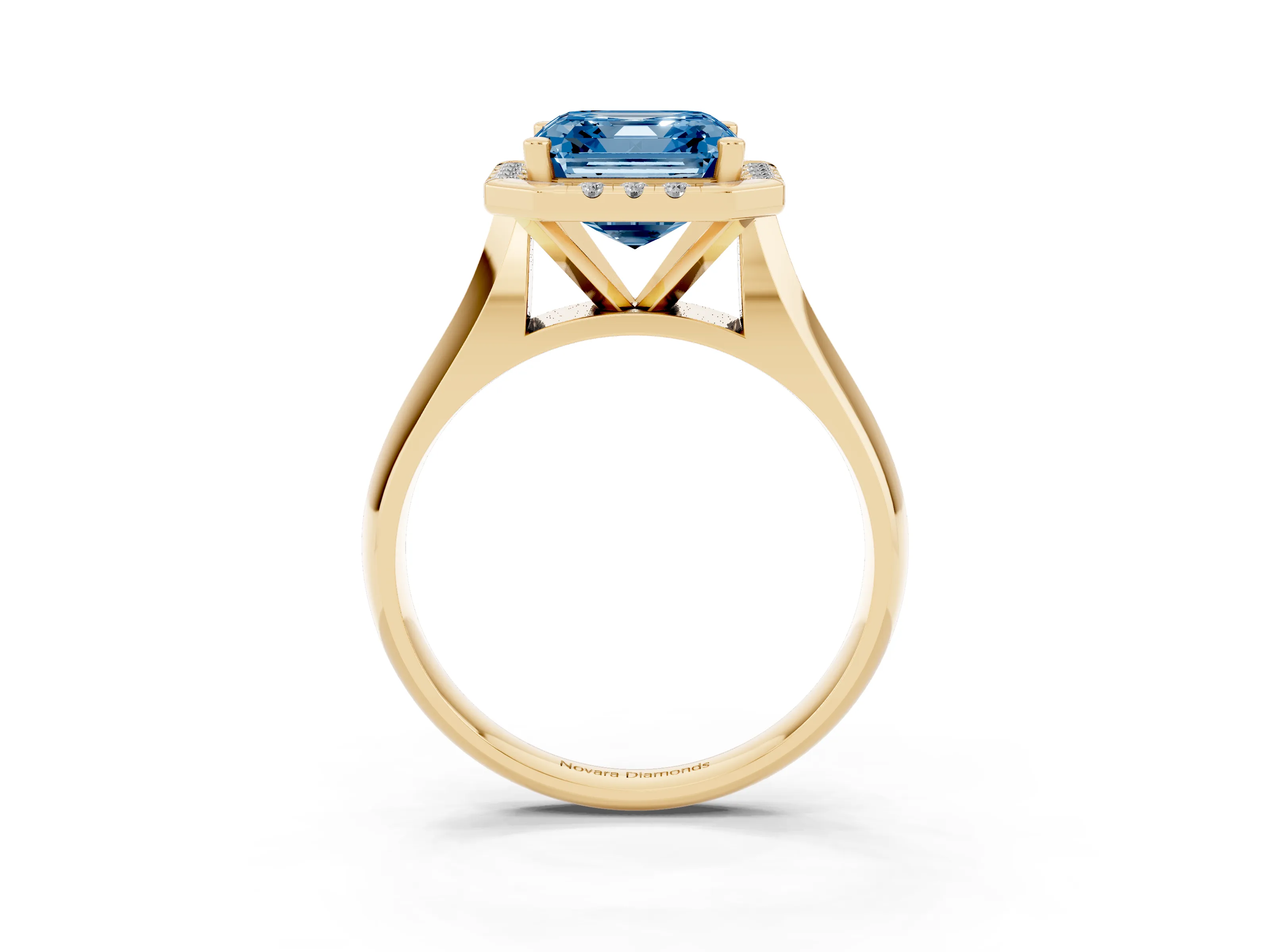 Fancy Blue Asscher Cut Diamond Halo Solitaire Engagement Ring Set in Yellow gold with Square Band and Prong Setting