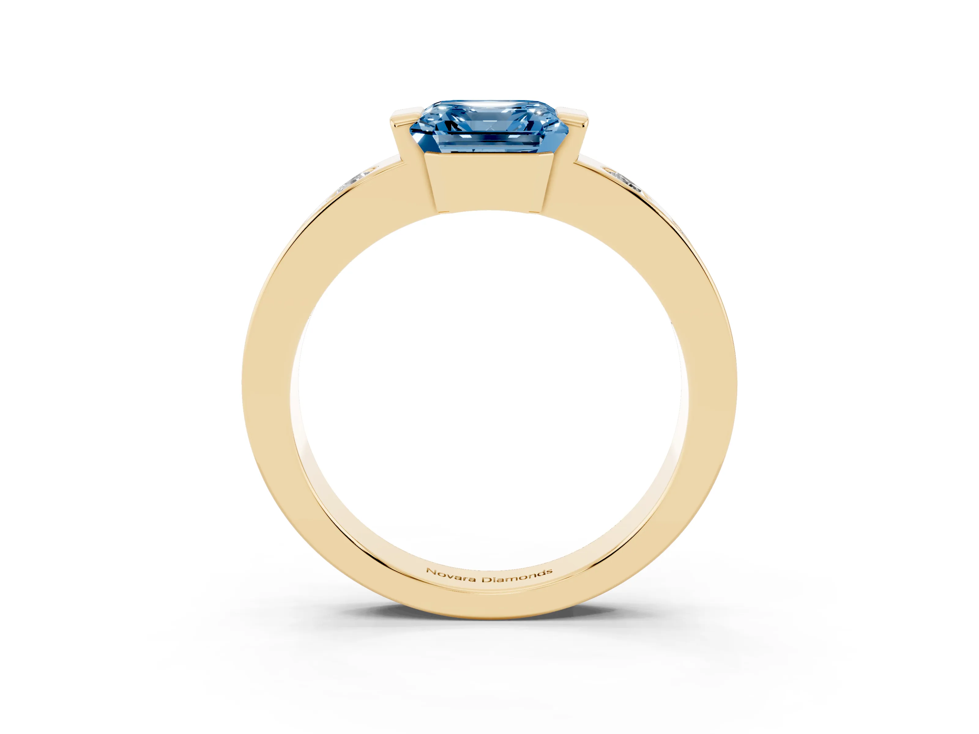 Fancy Blue Asscher Cut Diamond Channel-Set Band Ring Set in Yellow gold with Bezel Prong Setting