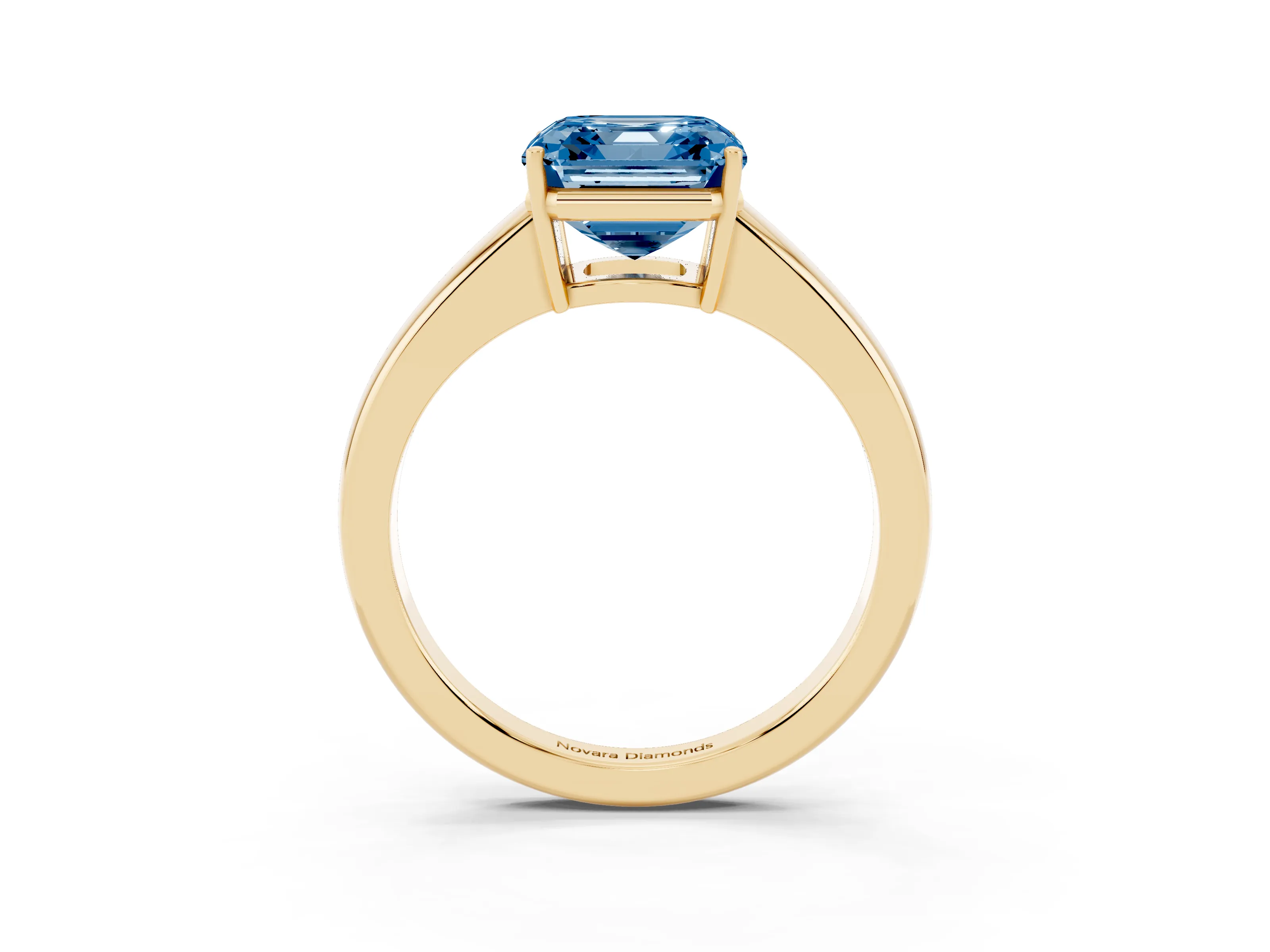 Fancy Blue Asscher Cut Diamond Solitaire Ring Set in Yellow gold with Tapered Band and Prong Setting