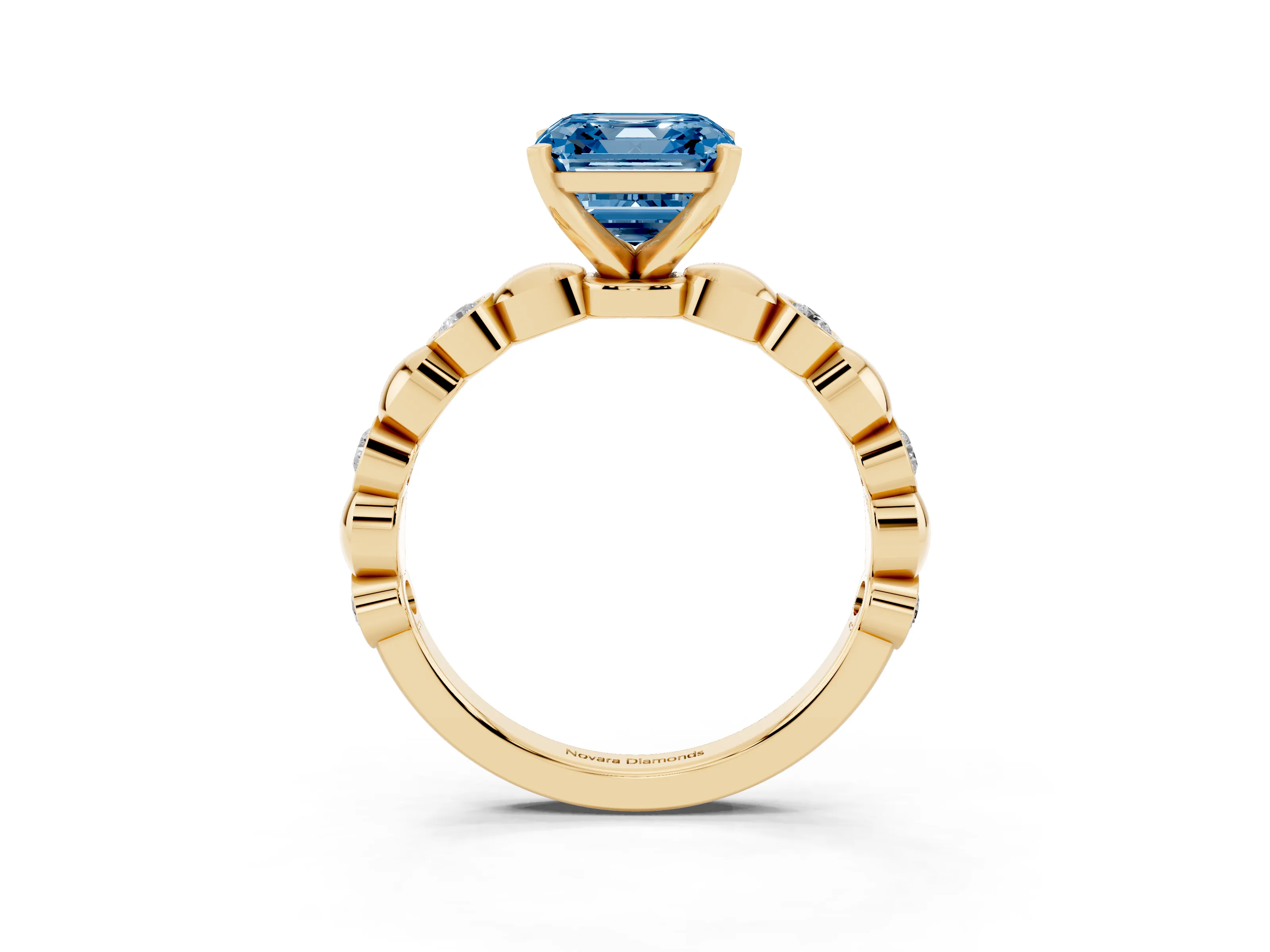 Fancy Blue Asscher Cut Diamond Solitaire Ring Set in Yellow gold with Bezel-Set Accents on Beaded Band and Prong Setting