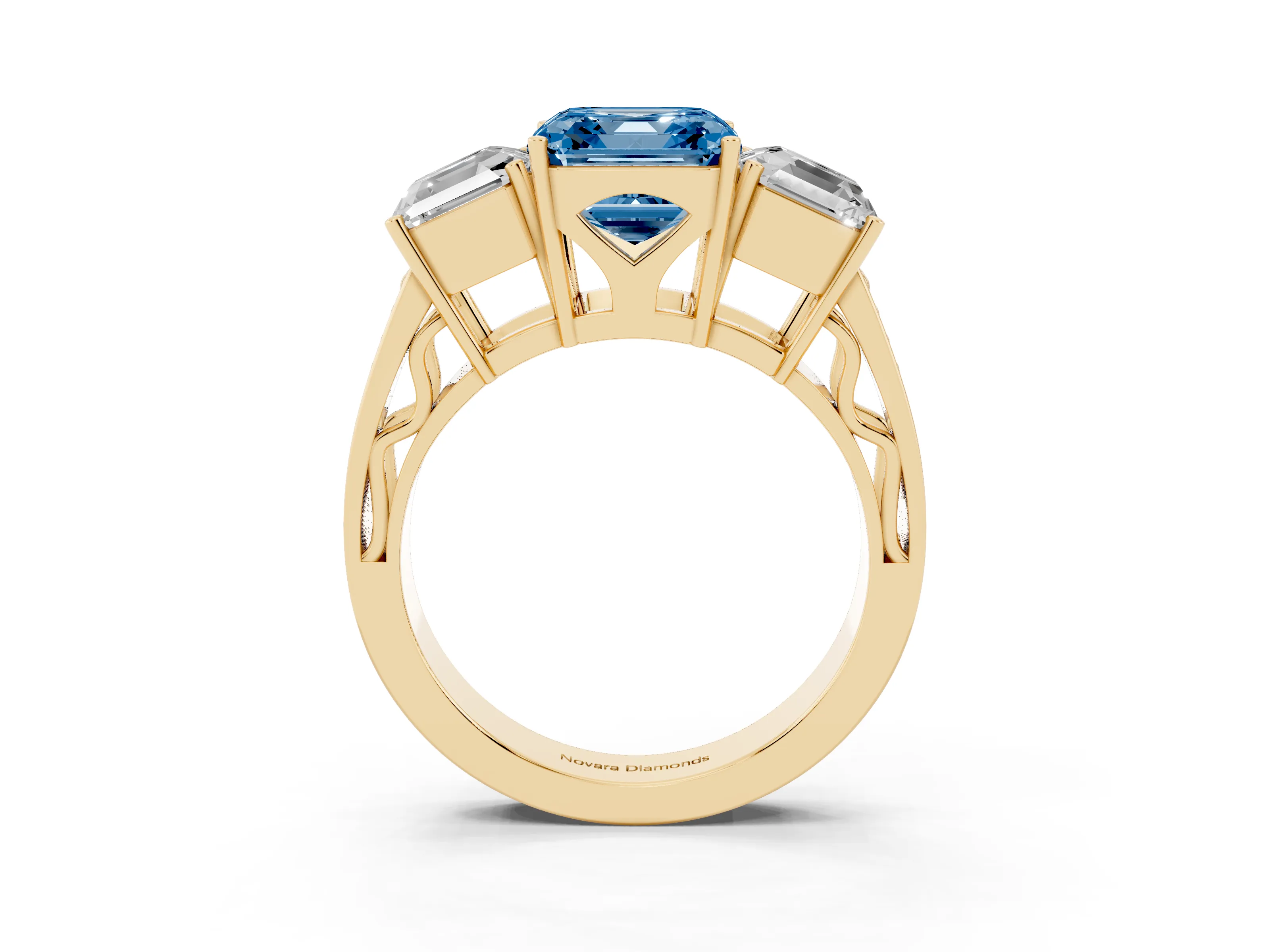 Fancy Blue Asscher Cut Diamond Three-Stone Ring Set in Yellow gold with Textured Band