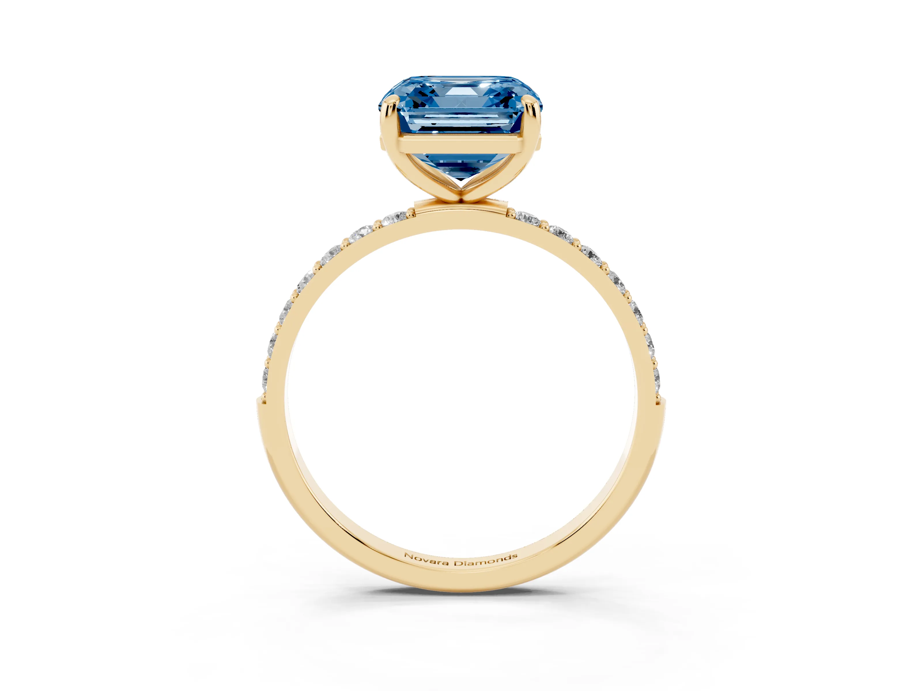 Fancy Blue Asscher Cut Diamond Solitaire Ring Set in Yellow gold with Round Pavé Band and Prong Setting