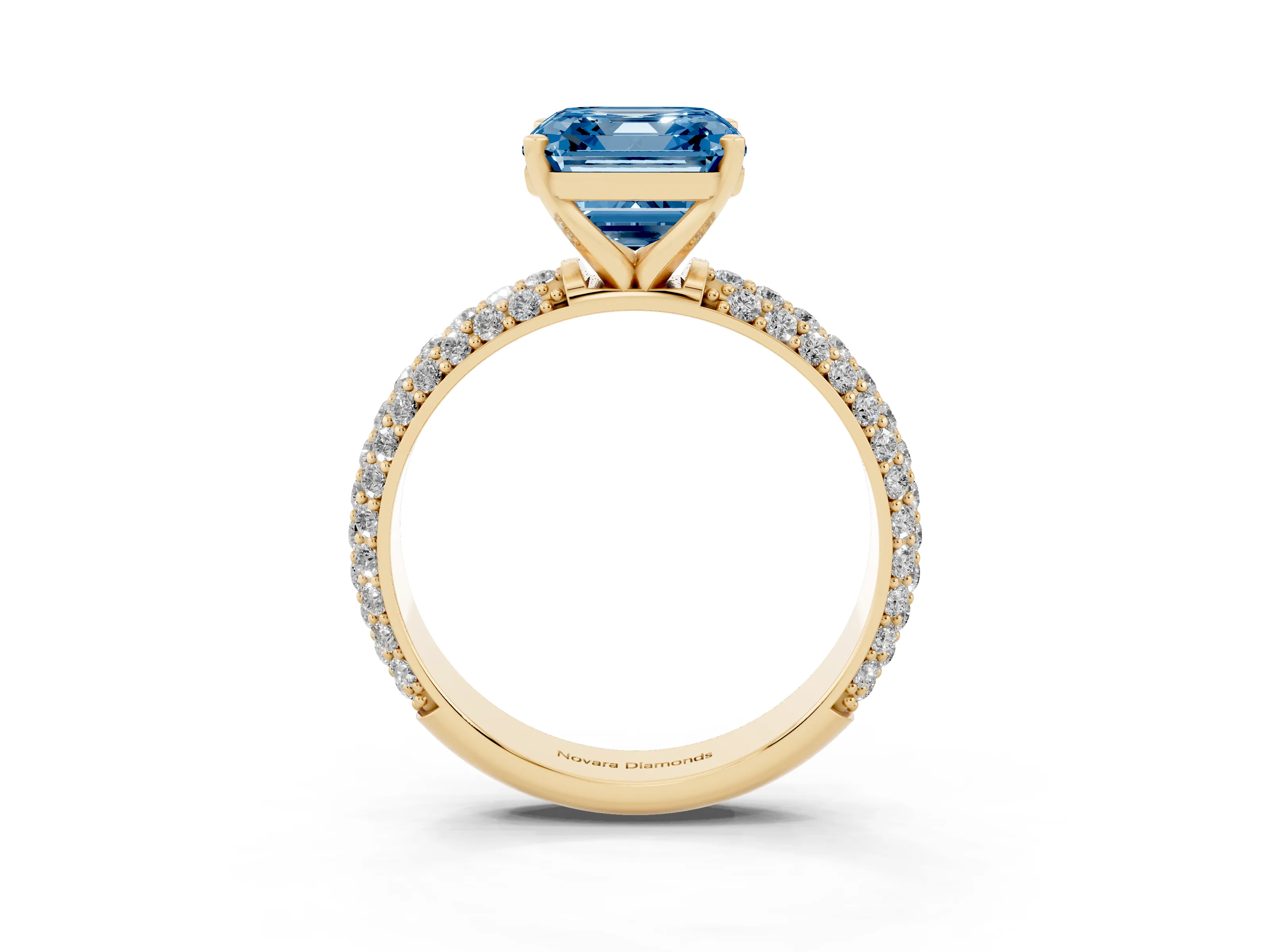 Fancy Blue Asscher Cut Diamond Solitaire Ring Set in Yellow gold with Prong Setting and Pavé-Set Band