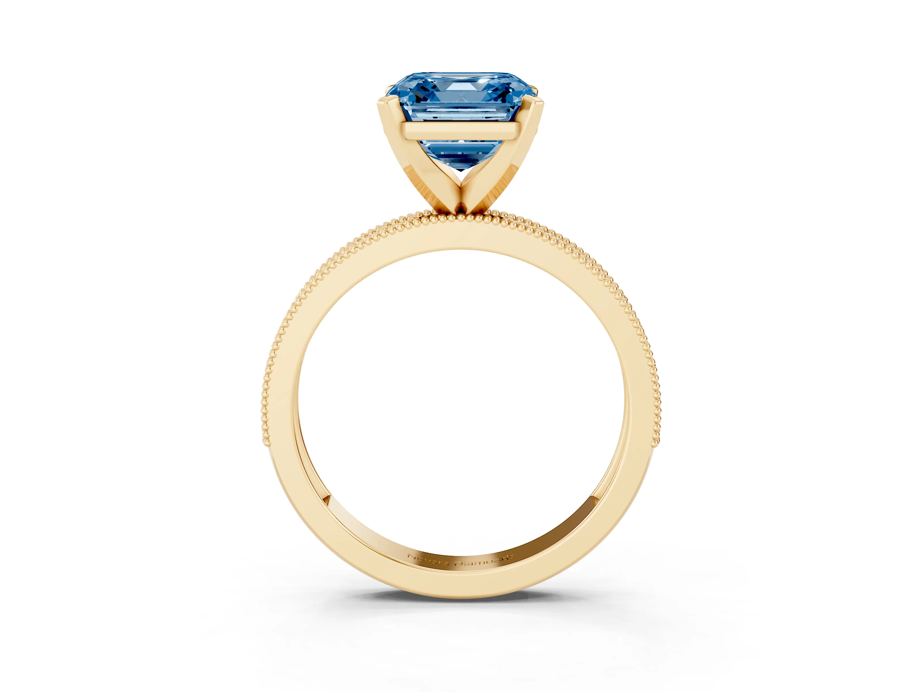 Fancy Blue Asscher Cut Diamond Milgrain Pavé Engagement Ring Set in Yellow gold with Prong Setting