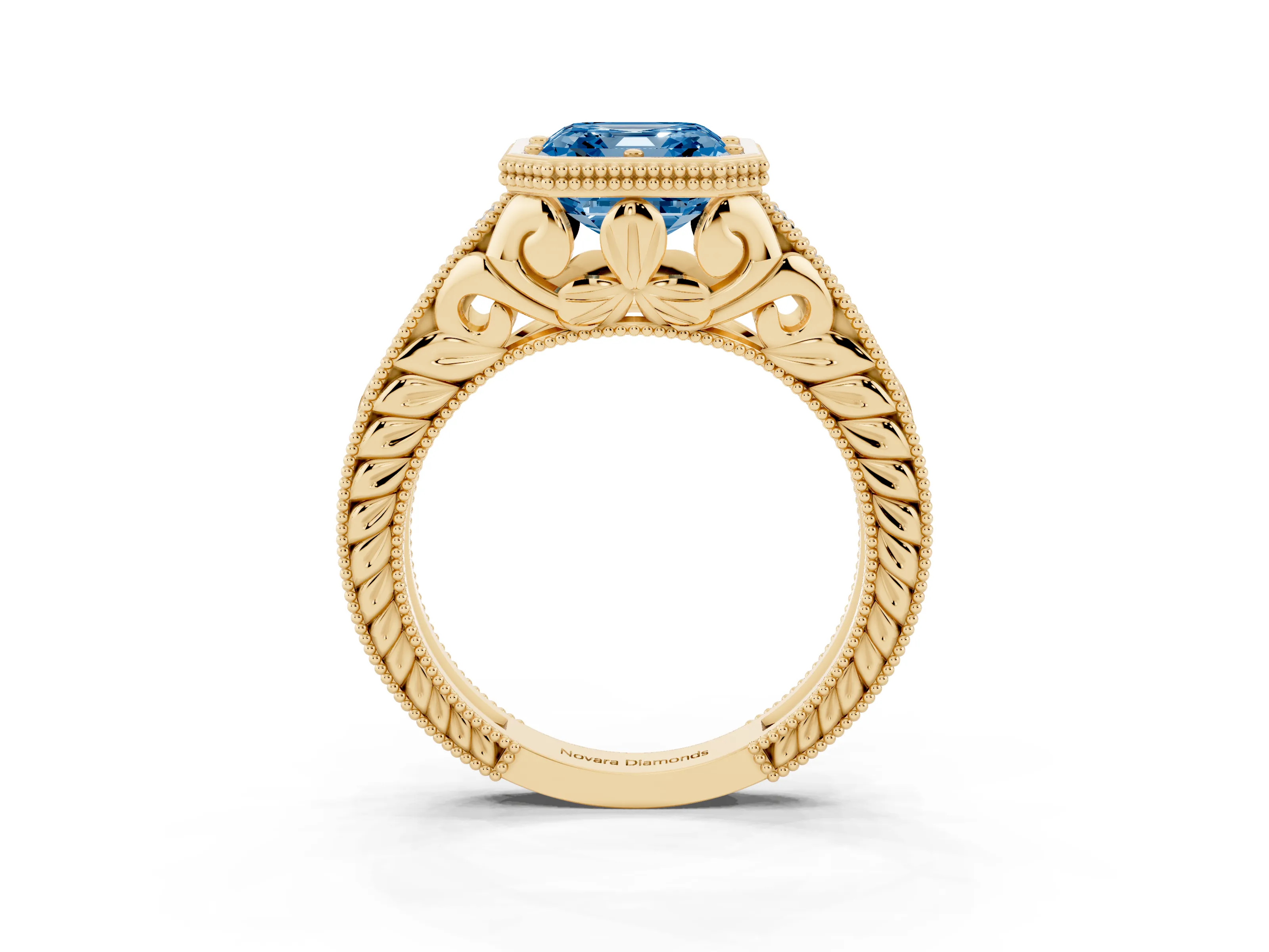 Fancy Blue Bezel Set Asscher Cut Diamond Milgrain Pavé Engagement Ring Set in Yellow gold
