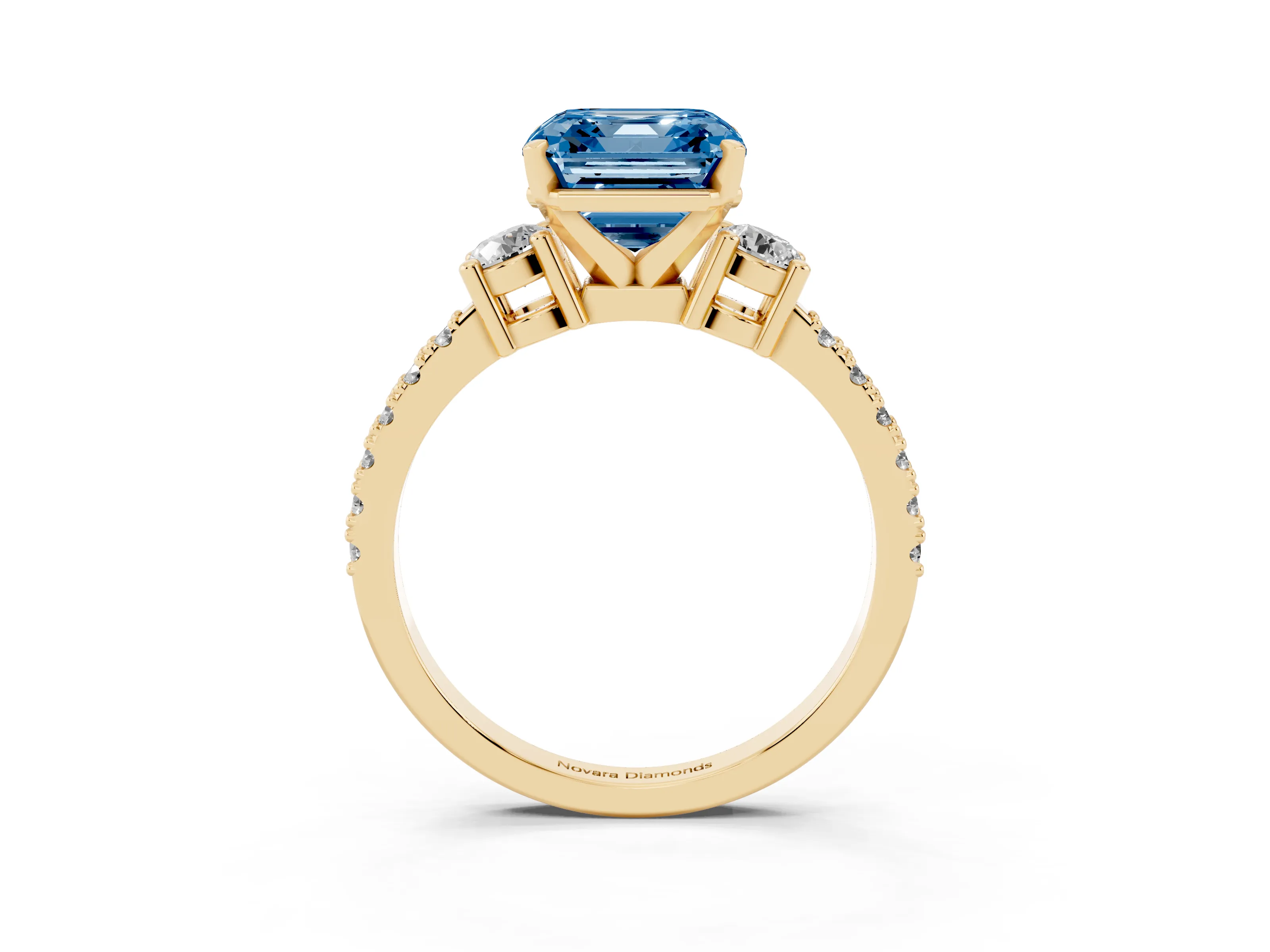 Fancy Blue Three-Stone Asscher Cut Diamond Pavé Band Ring Set in Yellow gold with Prong Setting