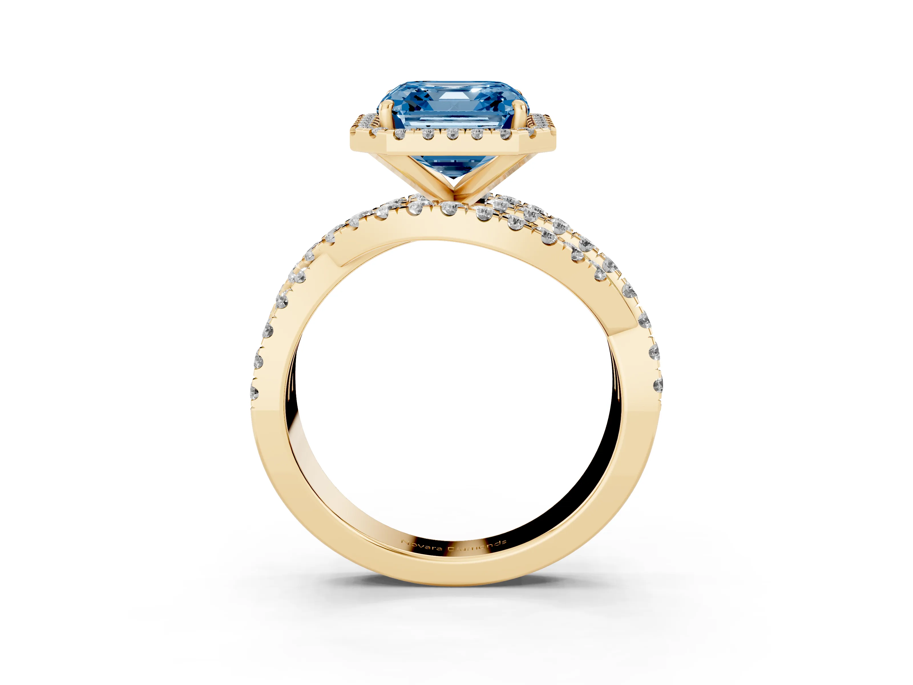 Fancy Blue Asscher Cut Diamond Halo Ring Set in Yellow gold with Round Crossover Split Shank and Prong Setting