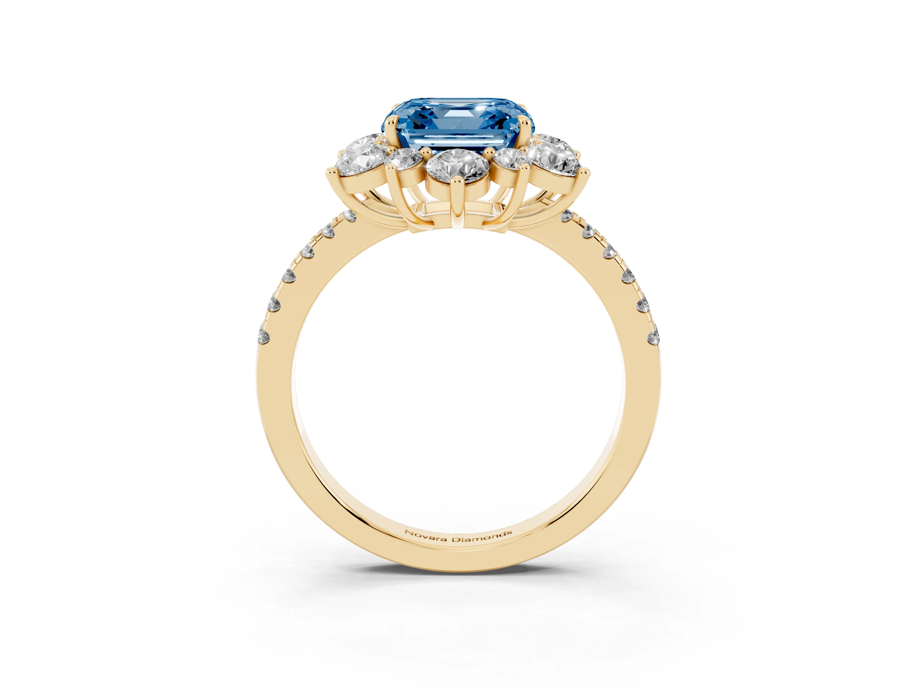 Fancy Blue Asscher Cut Diamond Floral Halo Ring Set in Yellow gold with Round Pavé Band and Prong Setting