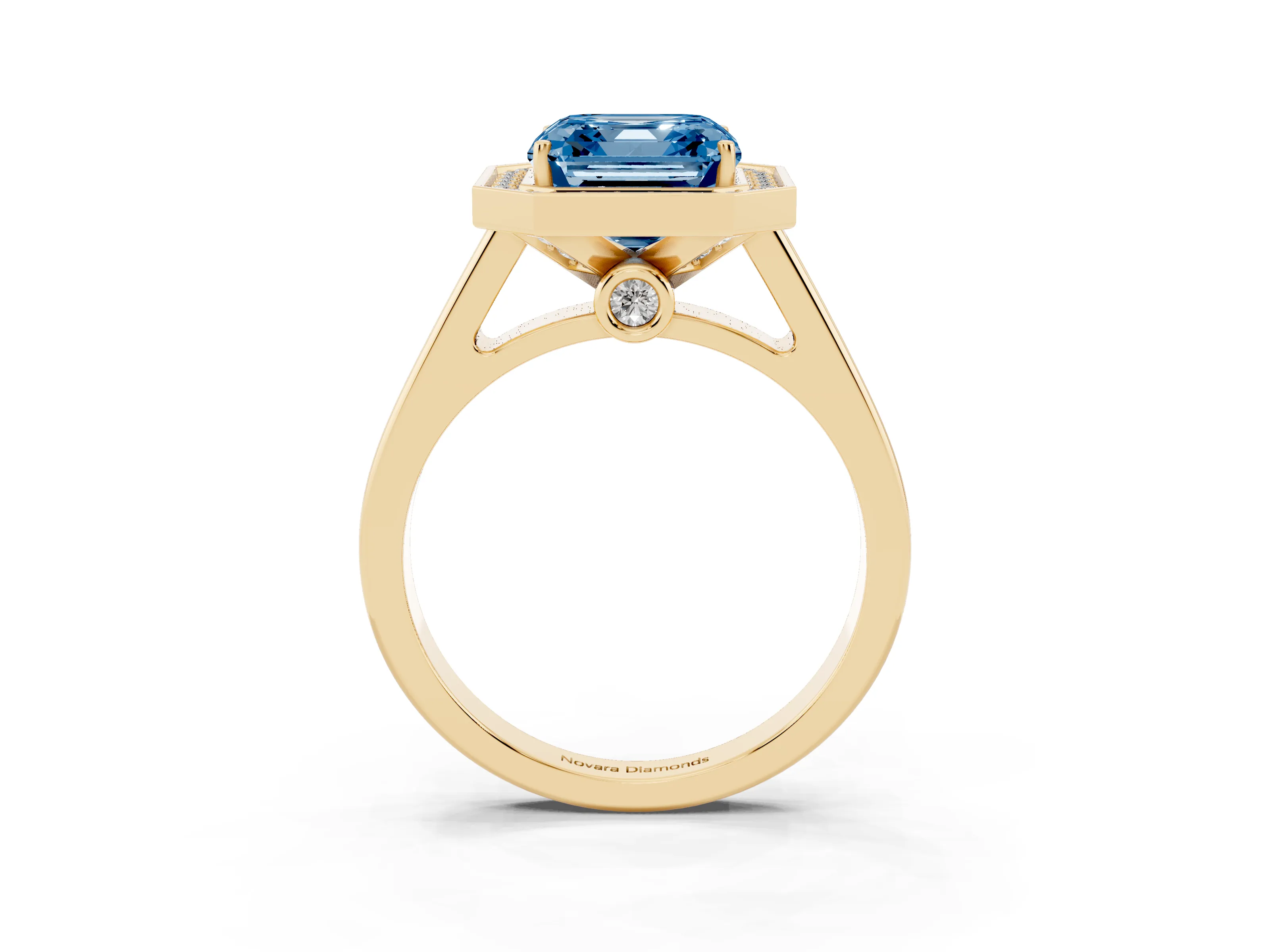 Fancy Blue Asscher Cut Diamond Halo Solitaire Ring Set in Yellow gold with Pavé Band and Bezel Setting