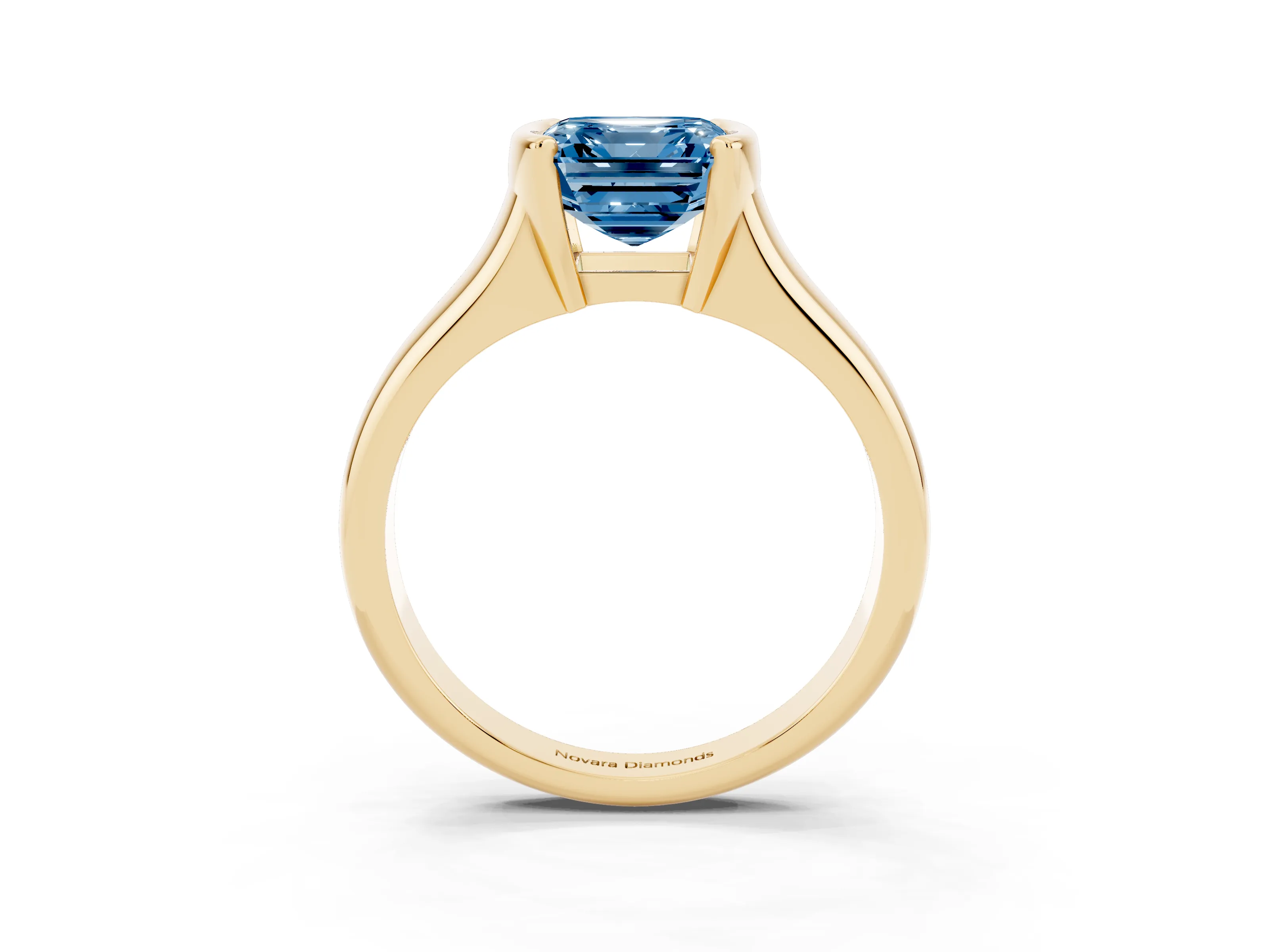 Fancy Blue Asscher Cut Diamond Solitaire Tension Set Ring Set in Yellow gold with Split Shank Band