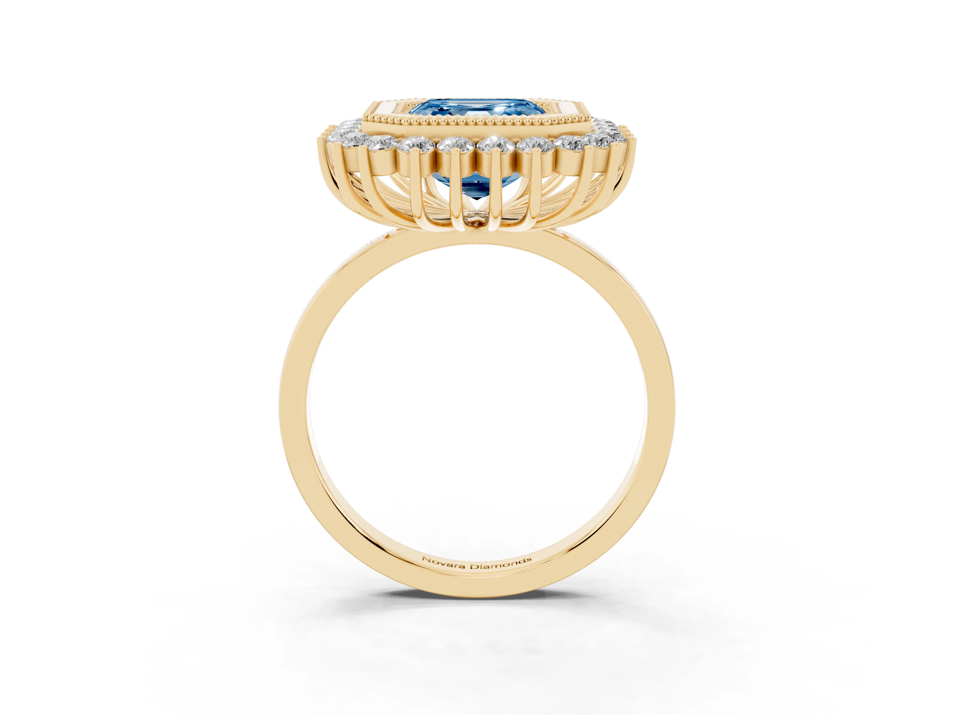 Fancy Blue Asscher Cut Diamond Halo Ring Set in Yellow gold with Milgrain Edge and Round Prong Setting