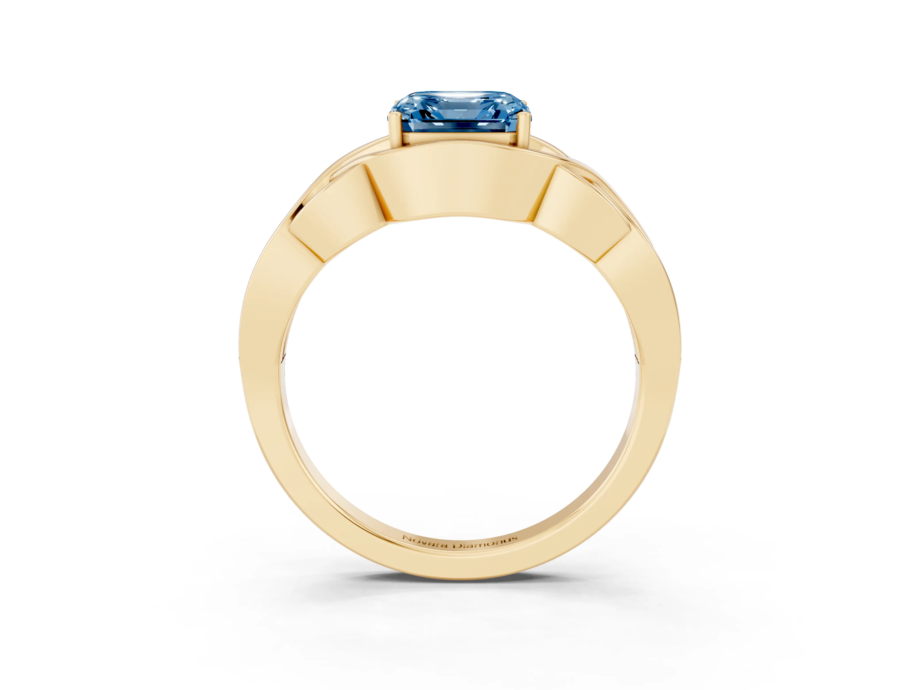 Fancy Blue Asscher Cut Diamond Solitaire Ring Set in Yellow gold with Intertwined Band