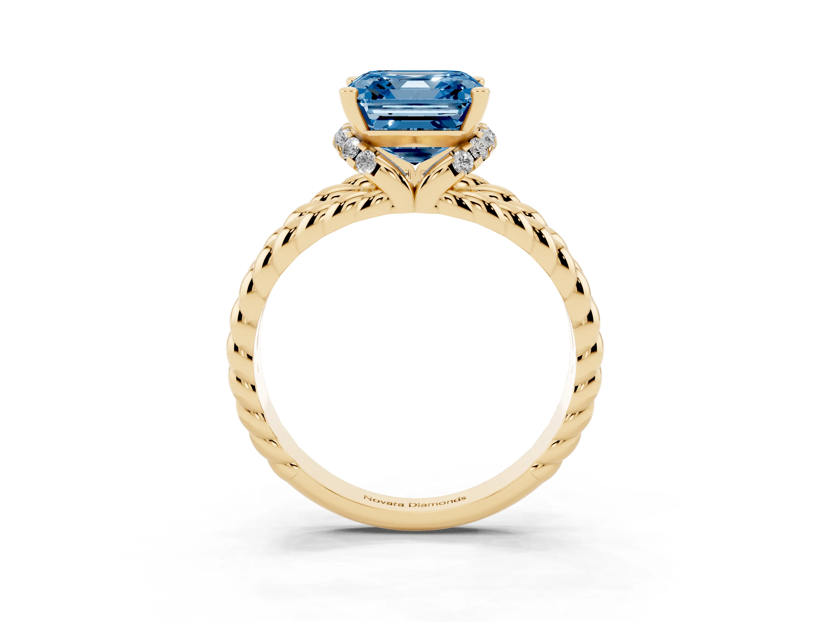 Fancy Blue Asscher Cut Diamond Halo Ring Set in Yellow gold with Twisted Band and Prong Setting