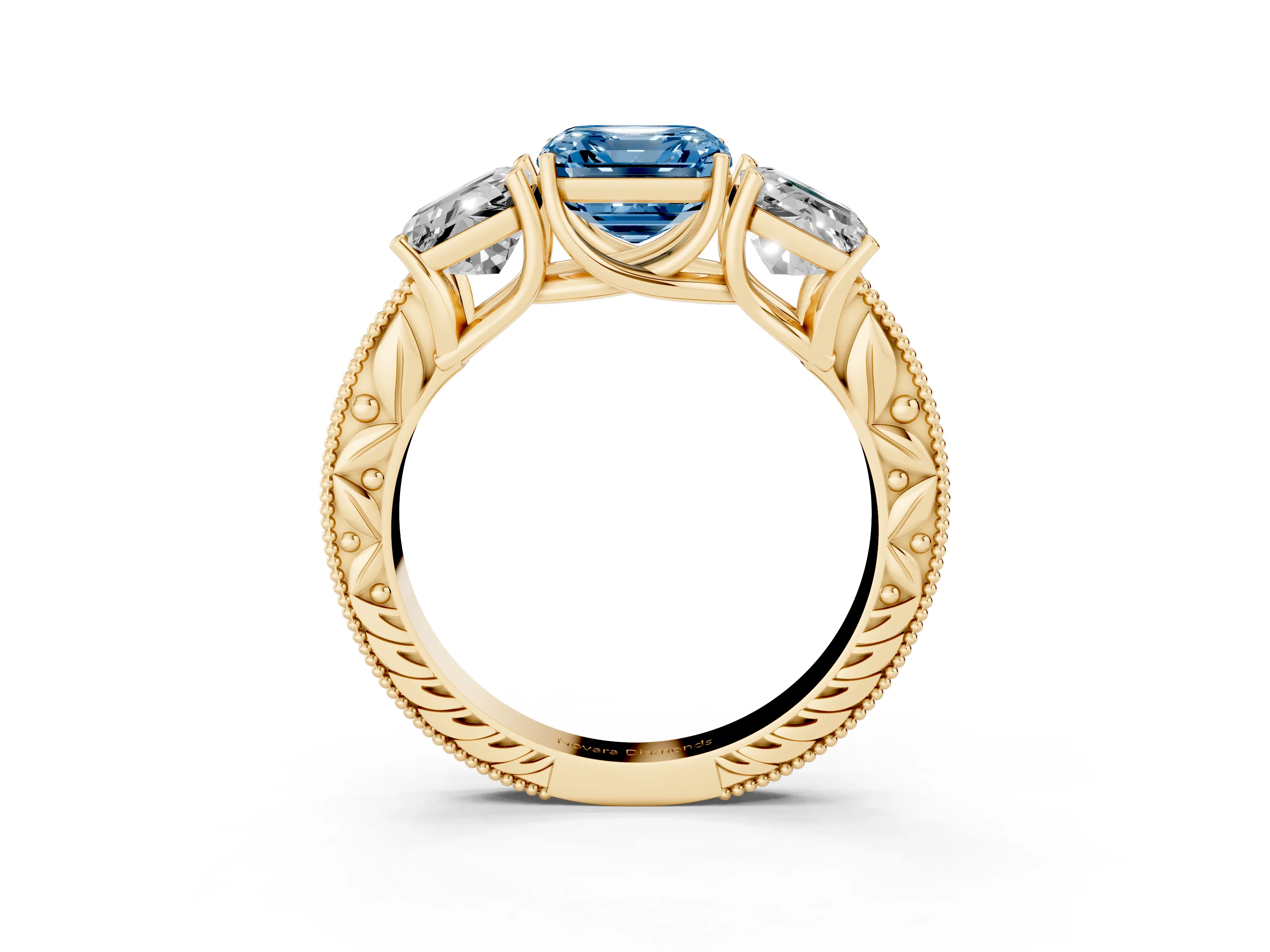 Fancy Blue Asscher Cut Diamond Three-Stone Engagement Ring Set in Yellow gold with Milgrain Pavé Band