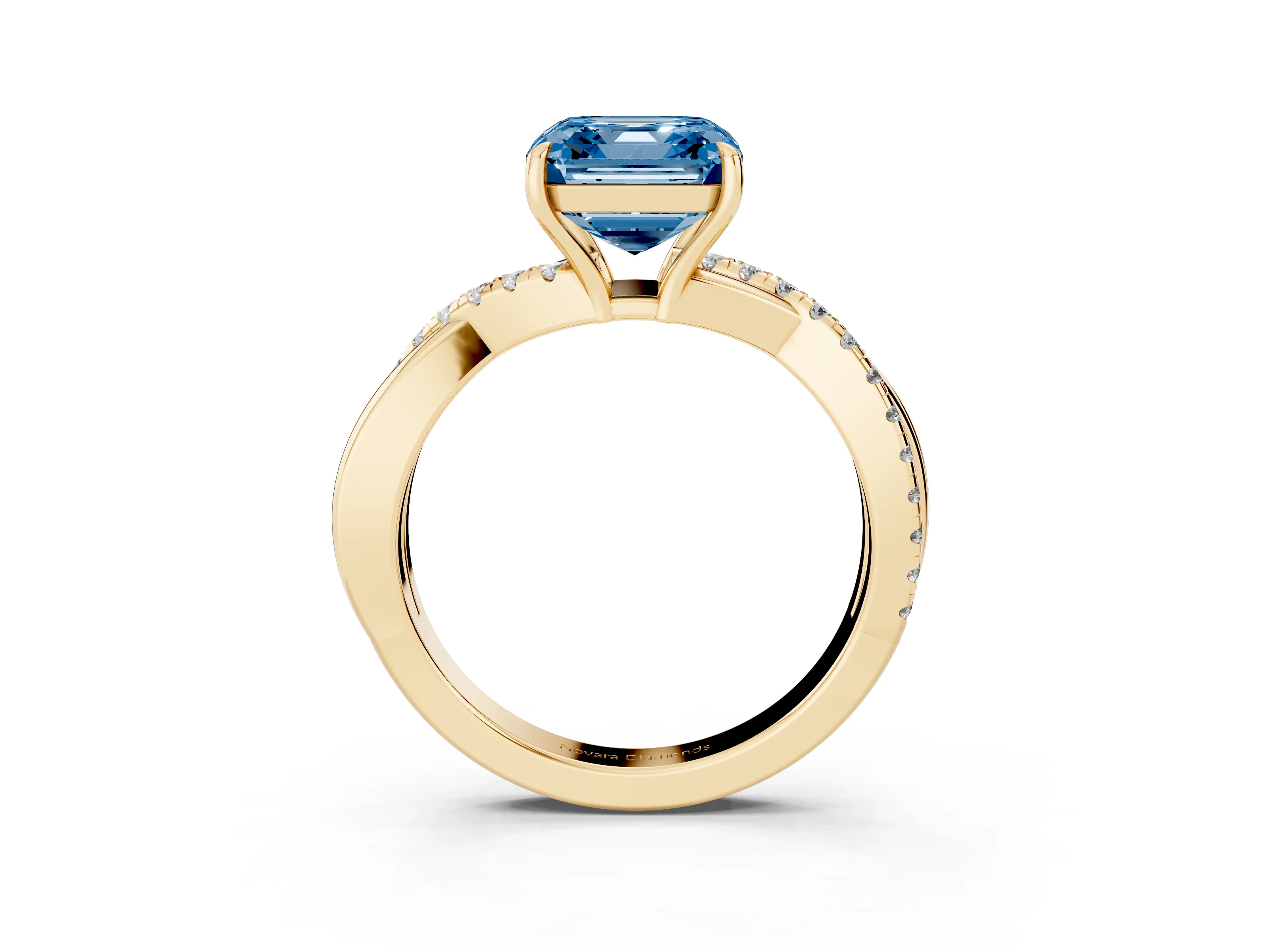 Fancy Blue Asscher Cut Diamond Twisted Pavé Band Ring Set in Yellow gold with Prong Setting