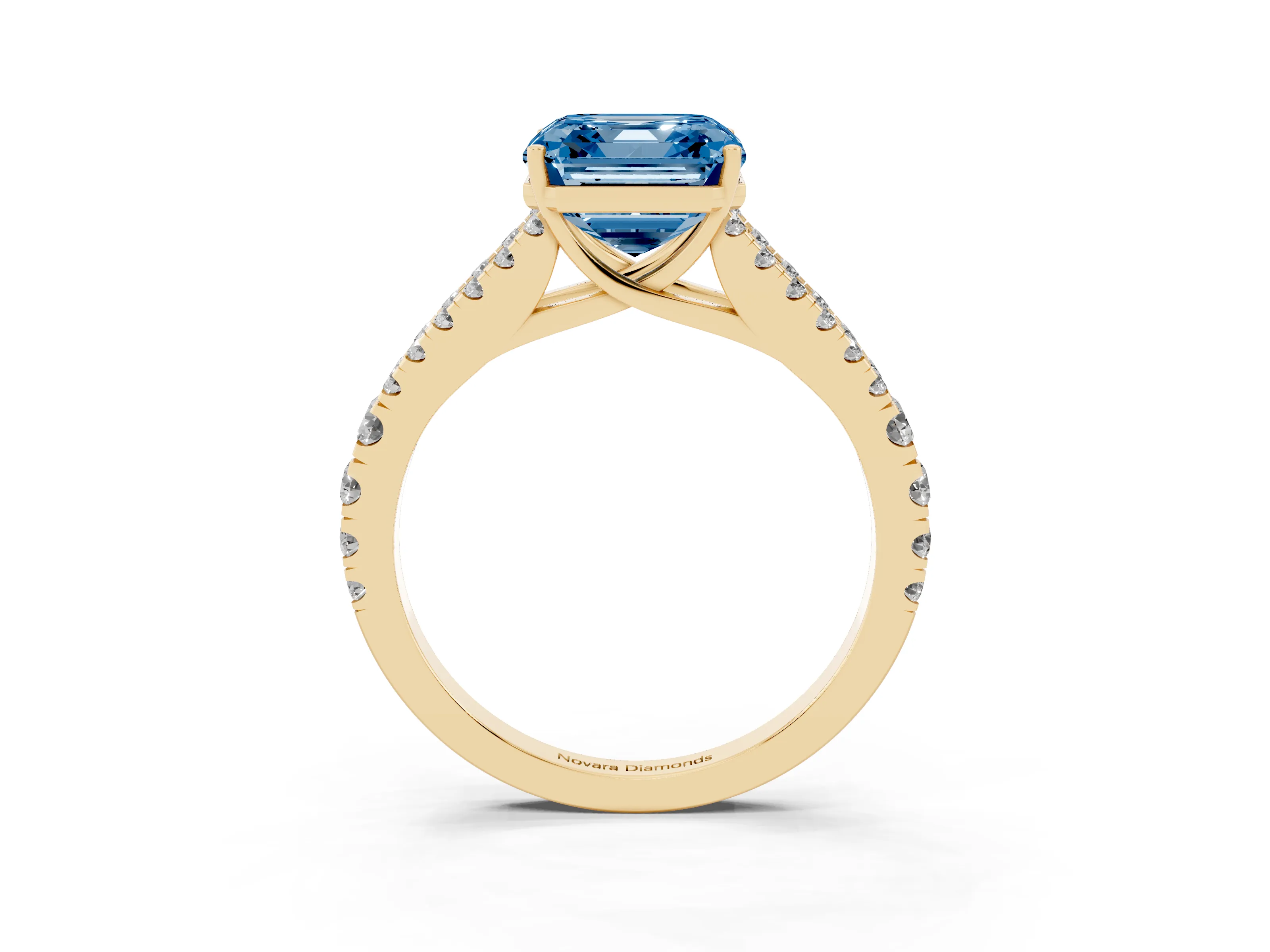 Fancy Blue Asscher Cut Diamond Split Shank Pavé Engagement Ring Set in Yellow gold with Prong-Held Center Stone