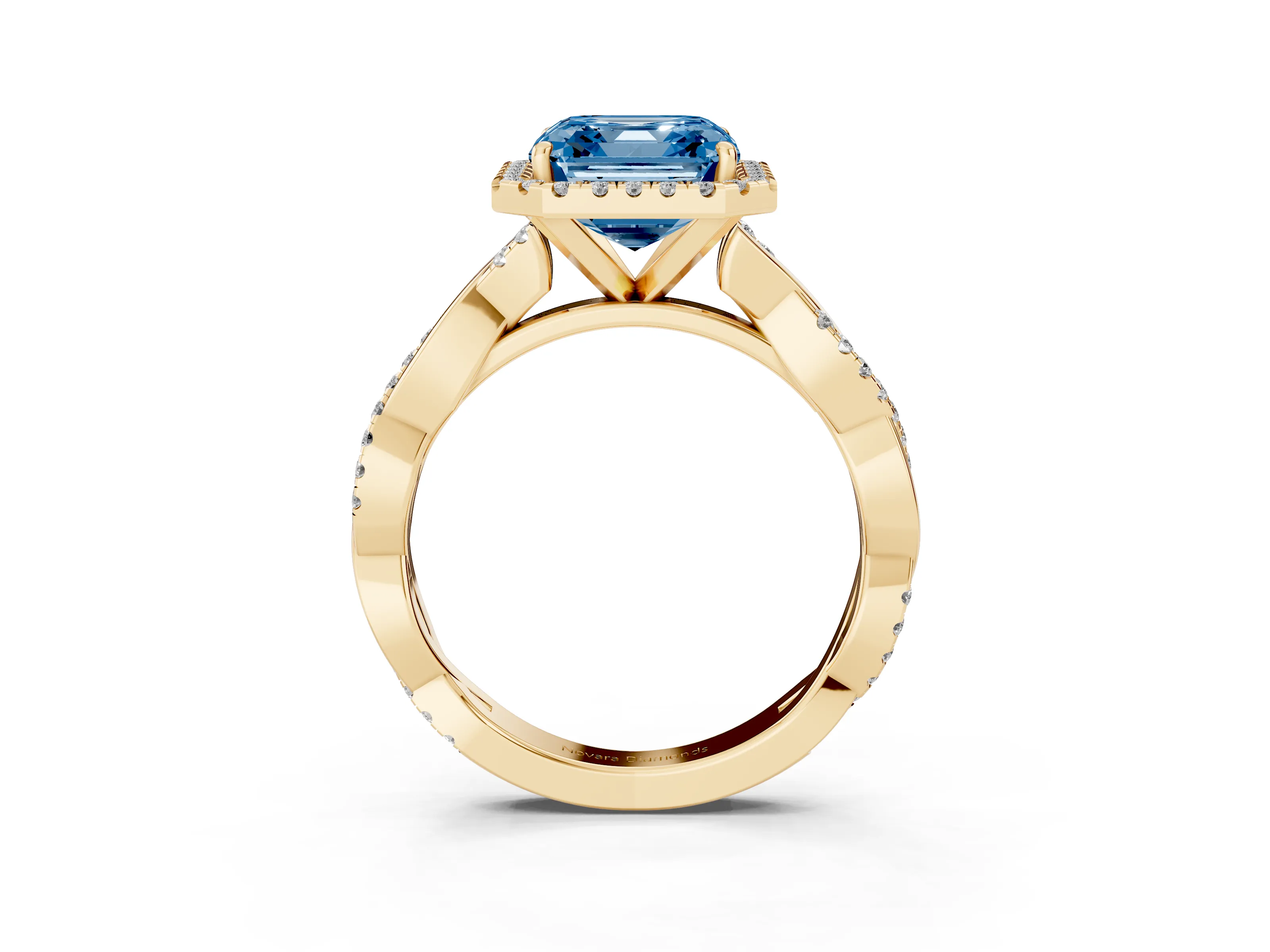 Fancy Blue Asscher Cut Diamond Halo Twisted Band Ring Set in Yellow gold with Prong Setting
