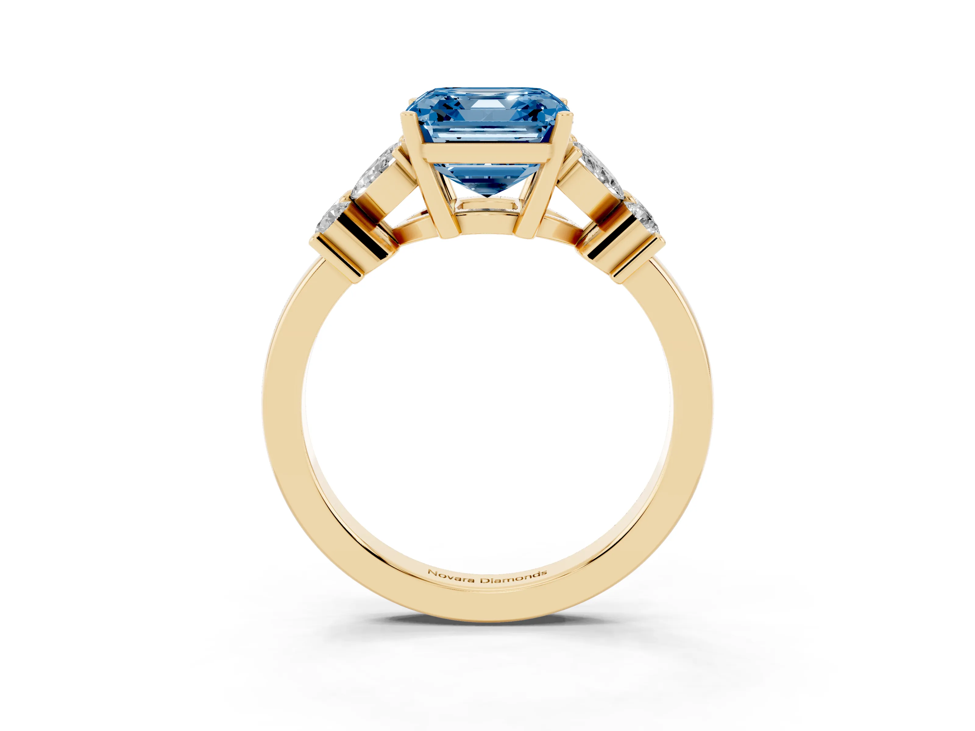 Fancy Blue Asscher Cut Diamond Floral Cluster Ring Set in Yellow gold with Marquise Petals and Prong Setting