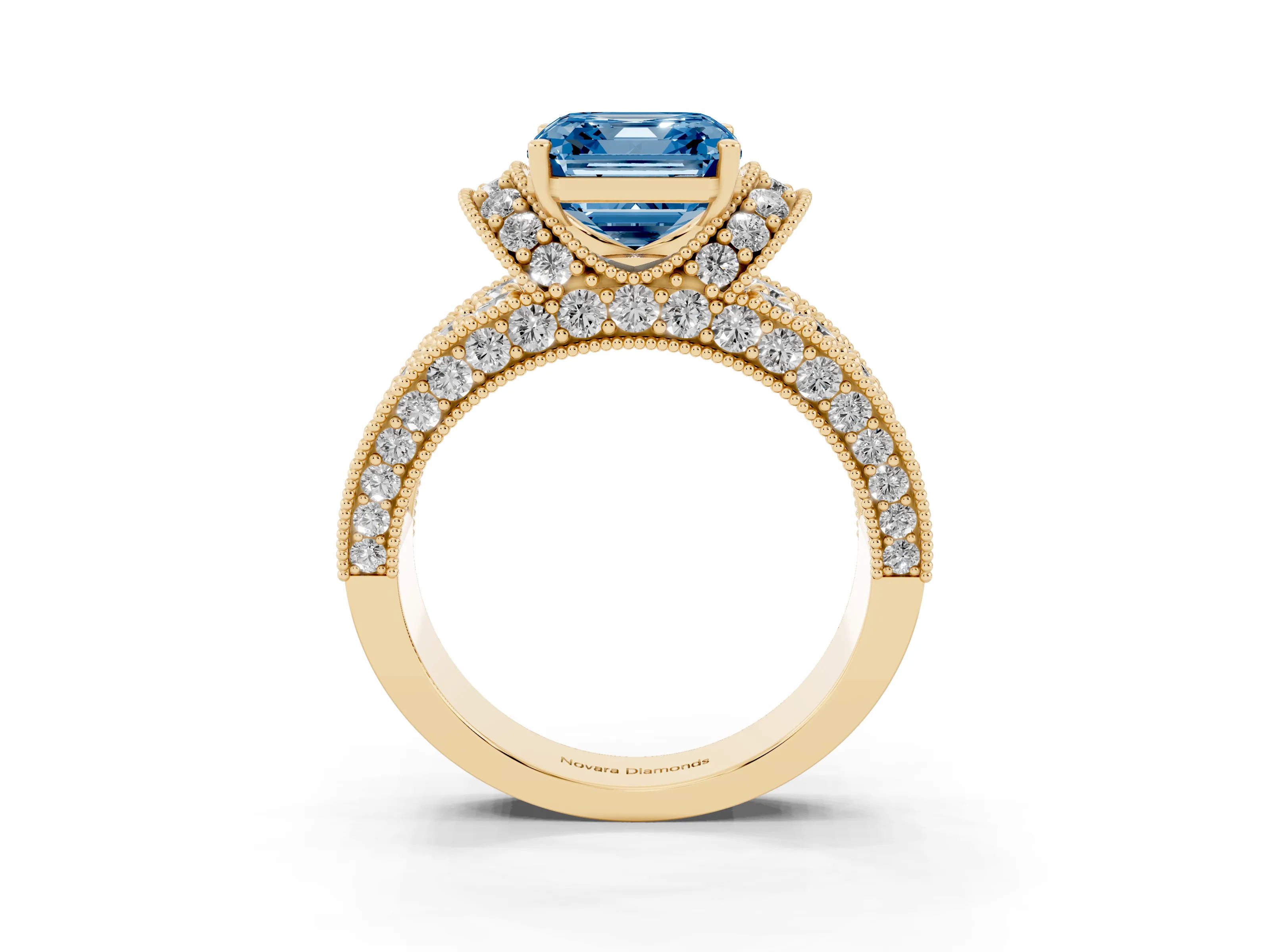 Fancy Blue Asscher Cut Diamond Milgrain Halo Pavé Engagement Ring Set in Yellow gold with Prong Setting