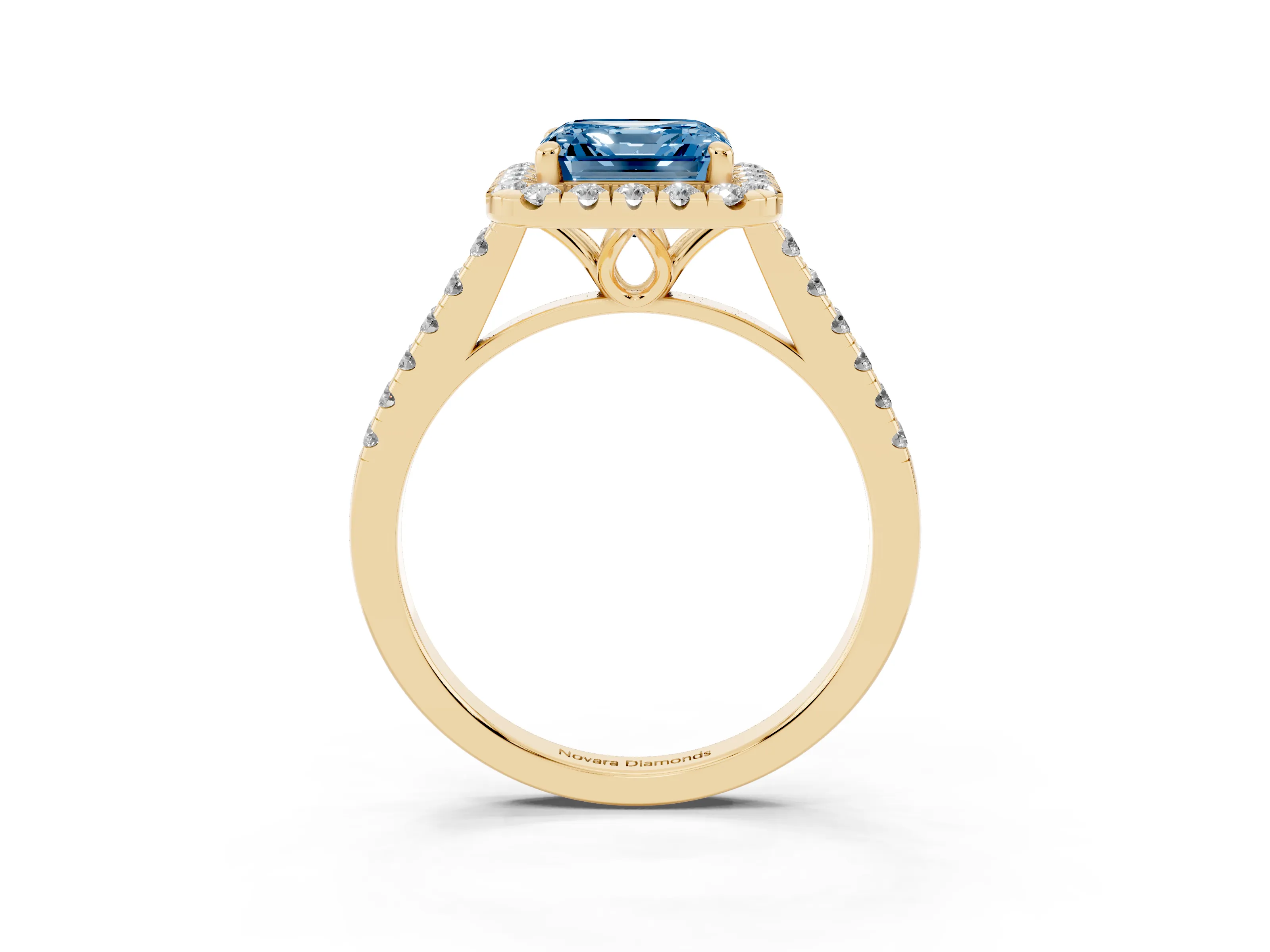 Fancy Blue Asscher Cut Diamond Pavé Halo Engagement Ring Set in Yellow gold with Pavé Band and Prong Setting
