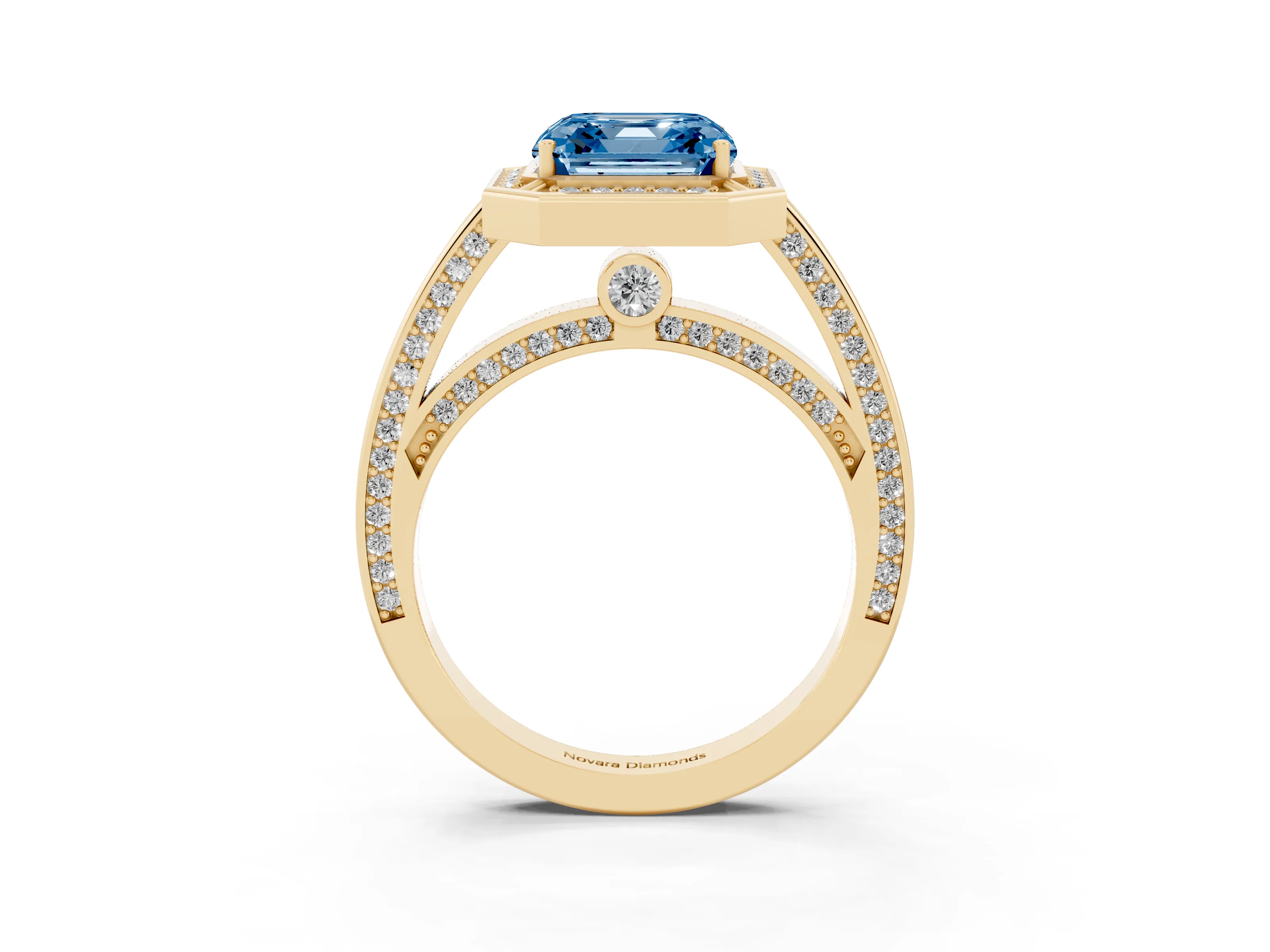 Fancy Blue Asscher Cut Diamond Halo Pavé Split Shank Ring Set in Yellow gold with Prong Setting