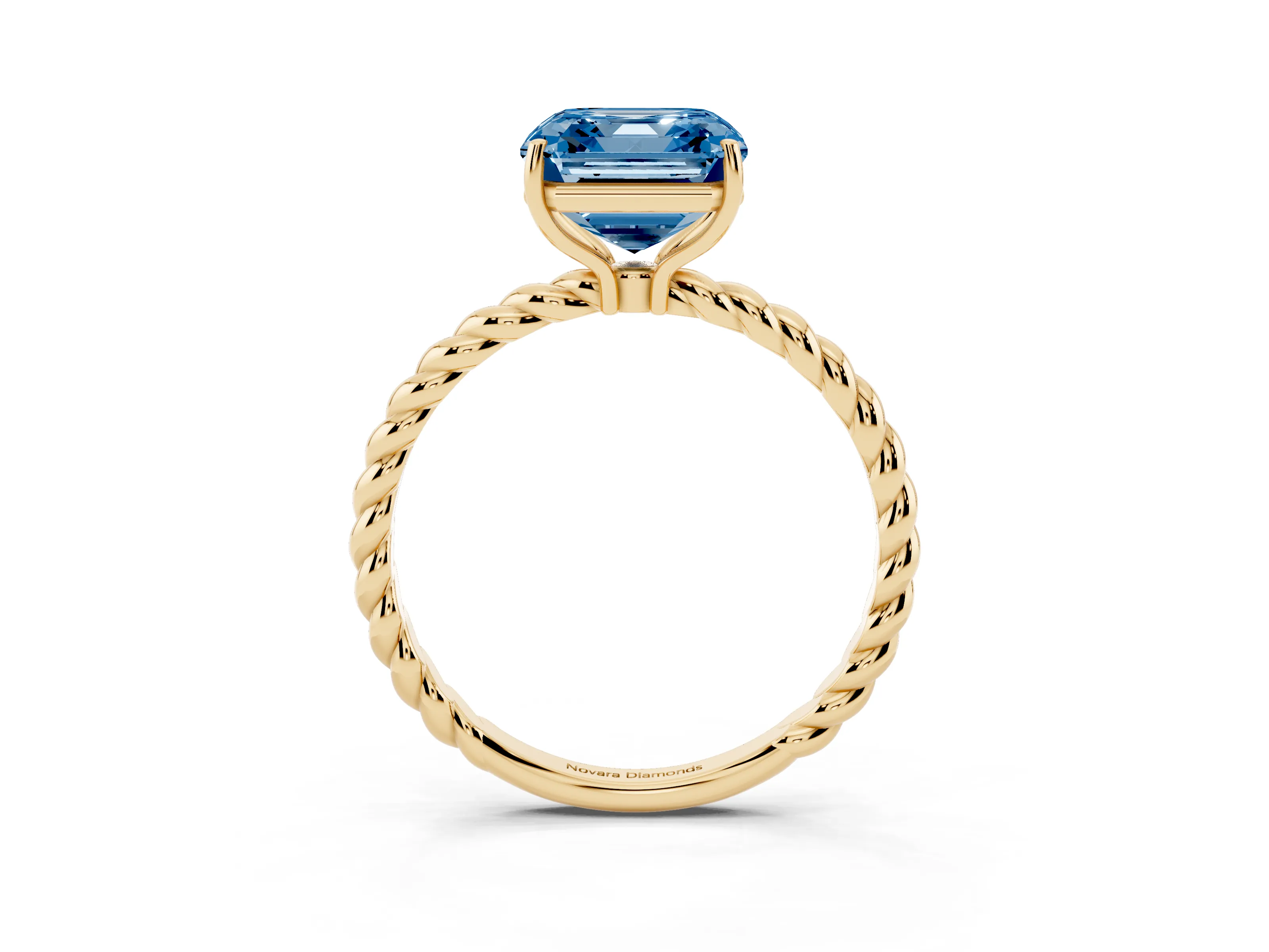Fancy Blue Asscher Cut Diamond Solitaire Ring Set in Yellow gold with Twist Band and Prong Setting