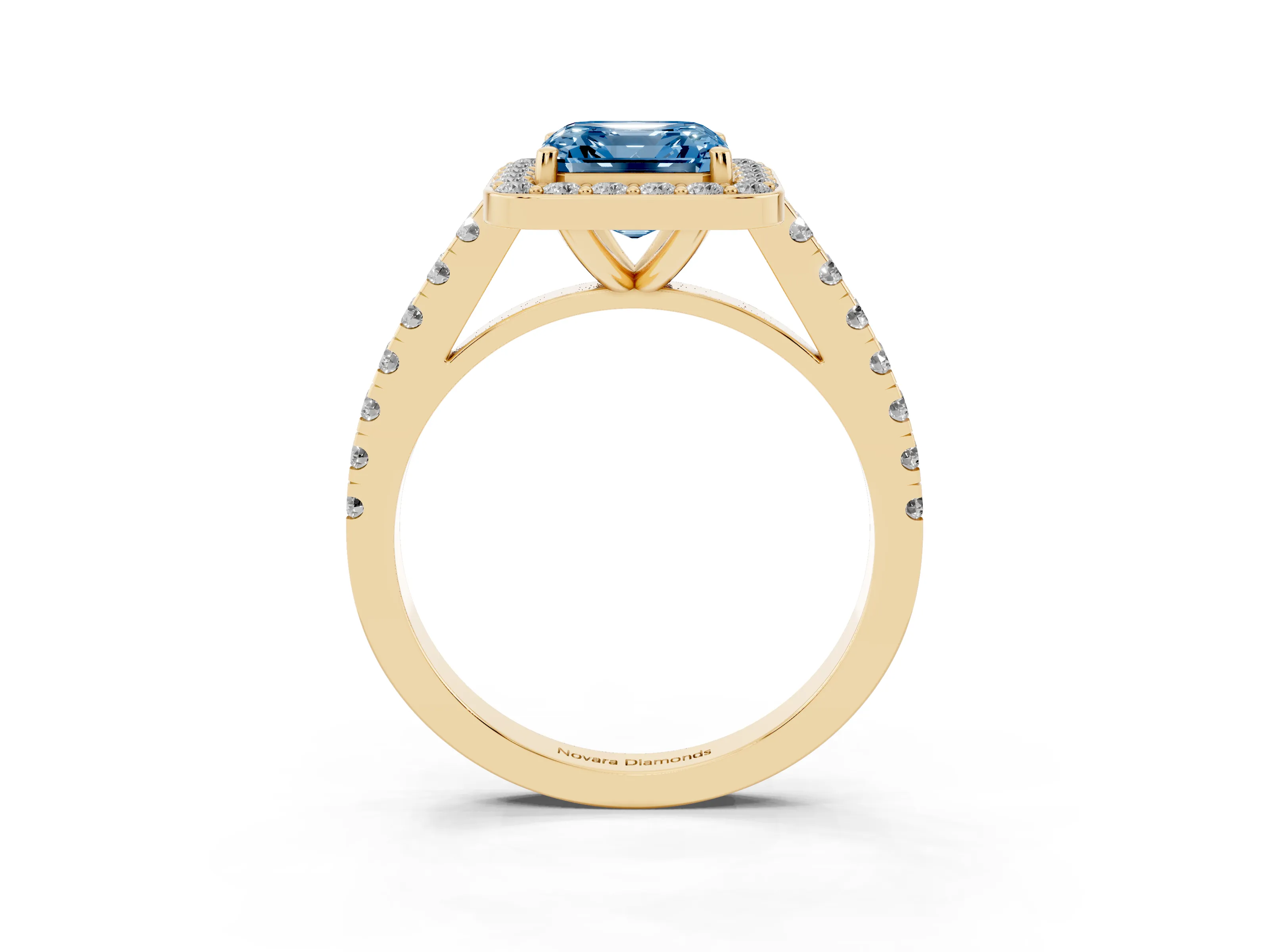 Fancy Blue Asscher Cut Diamond Halo Ring Set in Yellow gold with Round Pavé Split Shank and Prong Setting