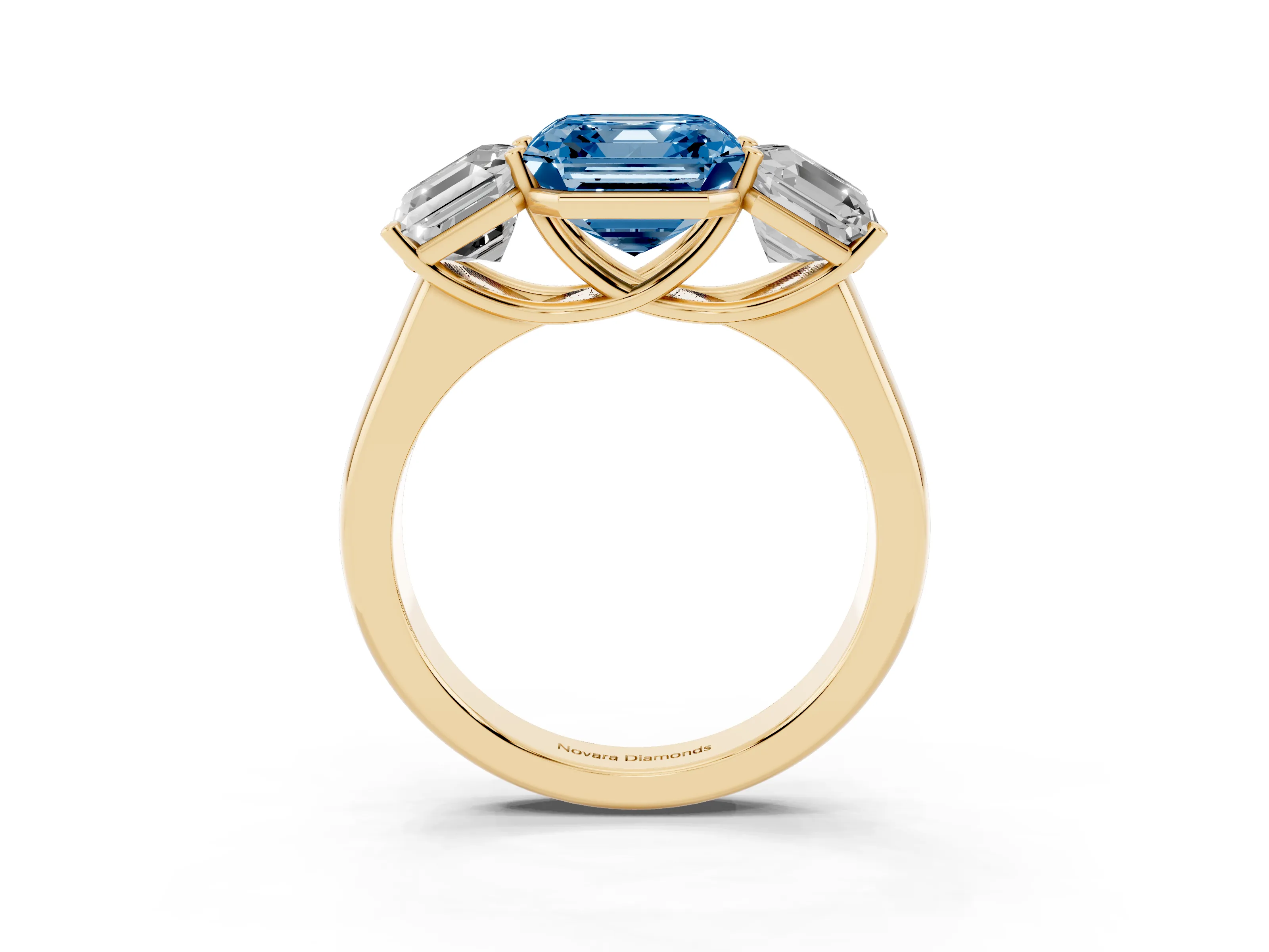 Fancy Blue Asscher Cut Diamond Three-Stone Ring Set in Yellow gold with Plain Polished Band