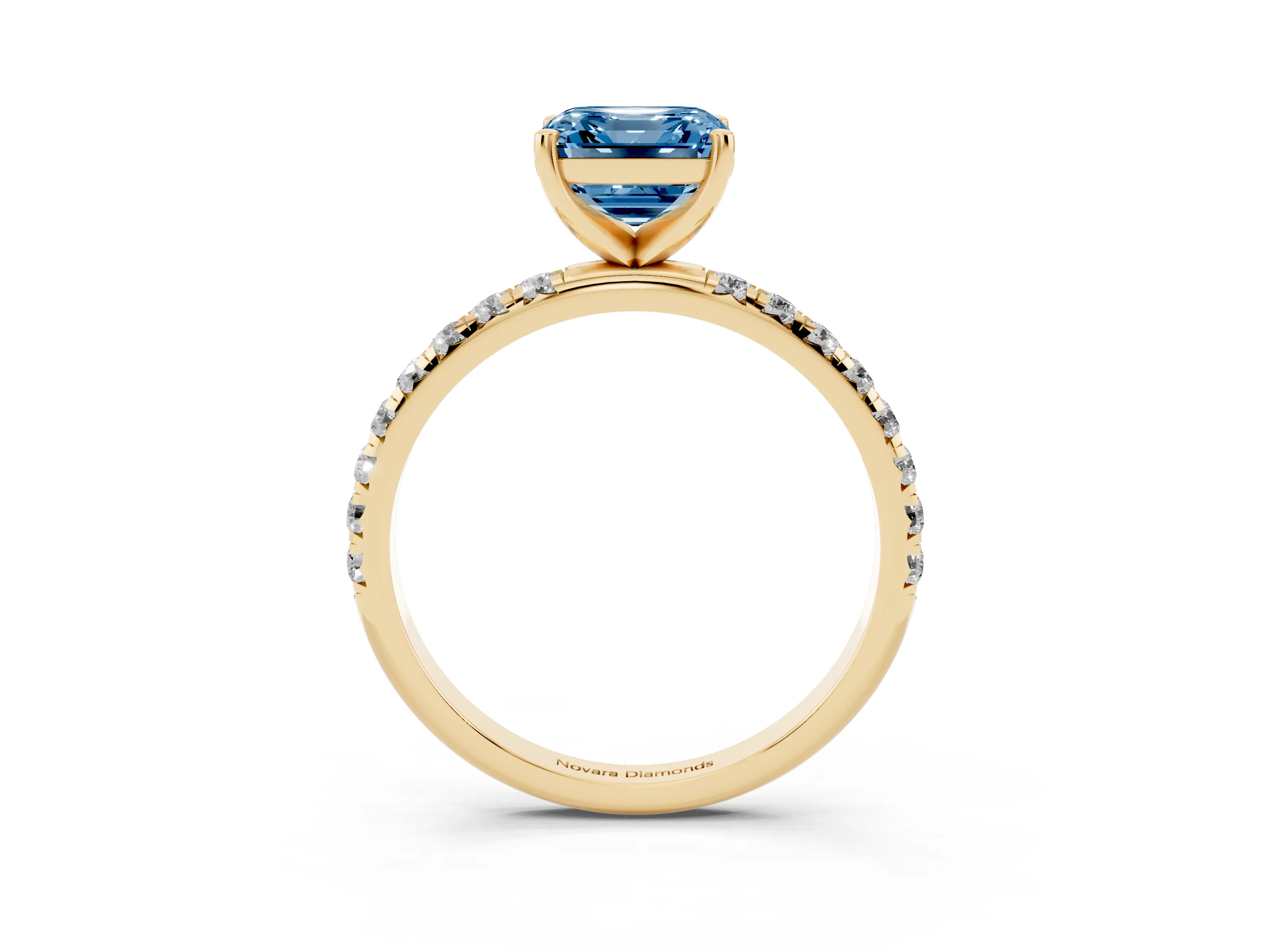 Fancy Blue Asscher Cut Diamond Solitaire Ring Set in Yellow gold with Micro Pavé Band and Prong Setting