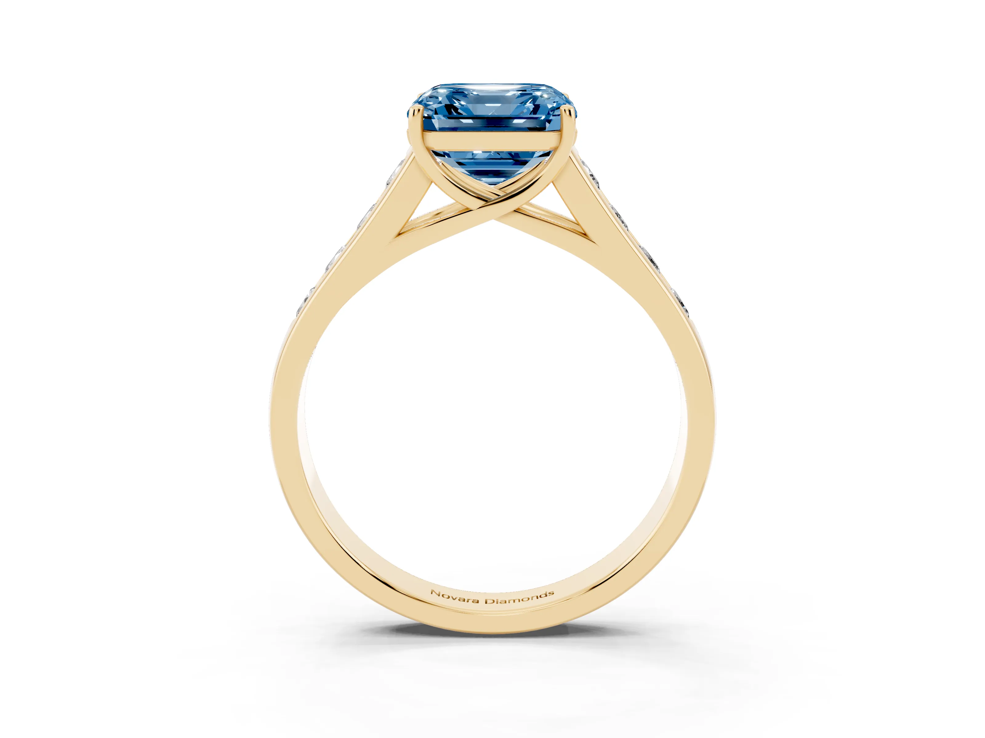 Fancy Blue Asscher Cut Diamond Brilliant Channel-Set Solitaire Ring Set in Yellow gold with Prong Setting