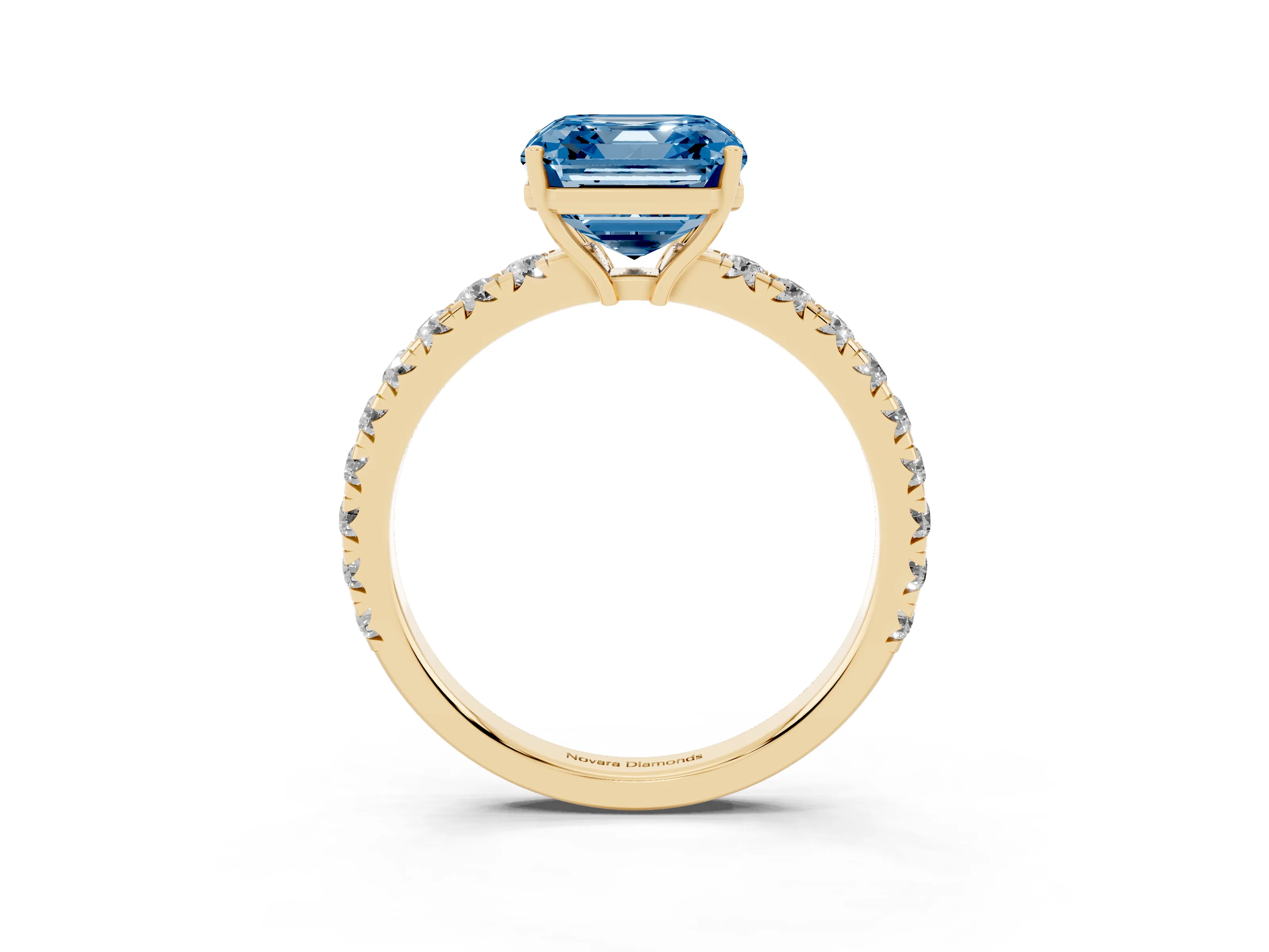 Fancy Blue Asscher Cut Diamond Pavé Solitaire Engagement Ring Set in Yellow gold with Prong Setting