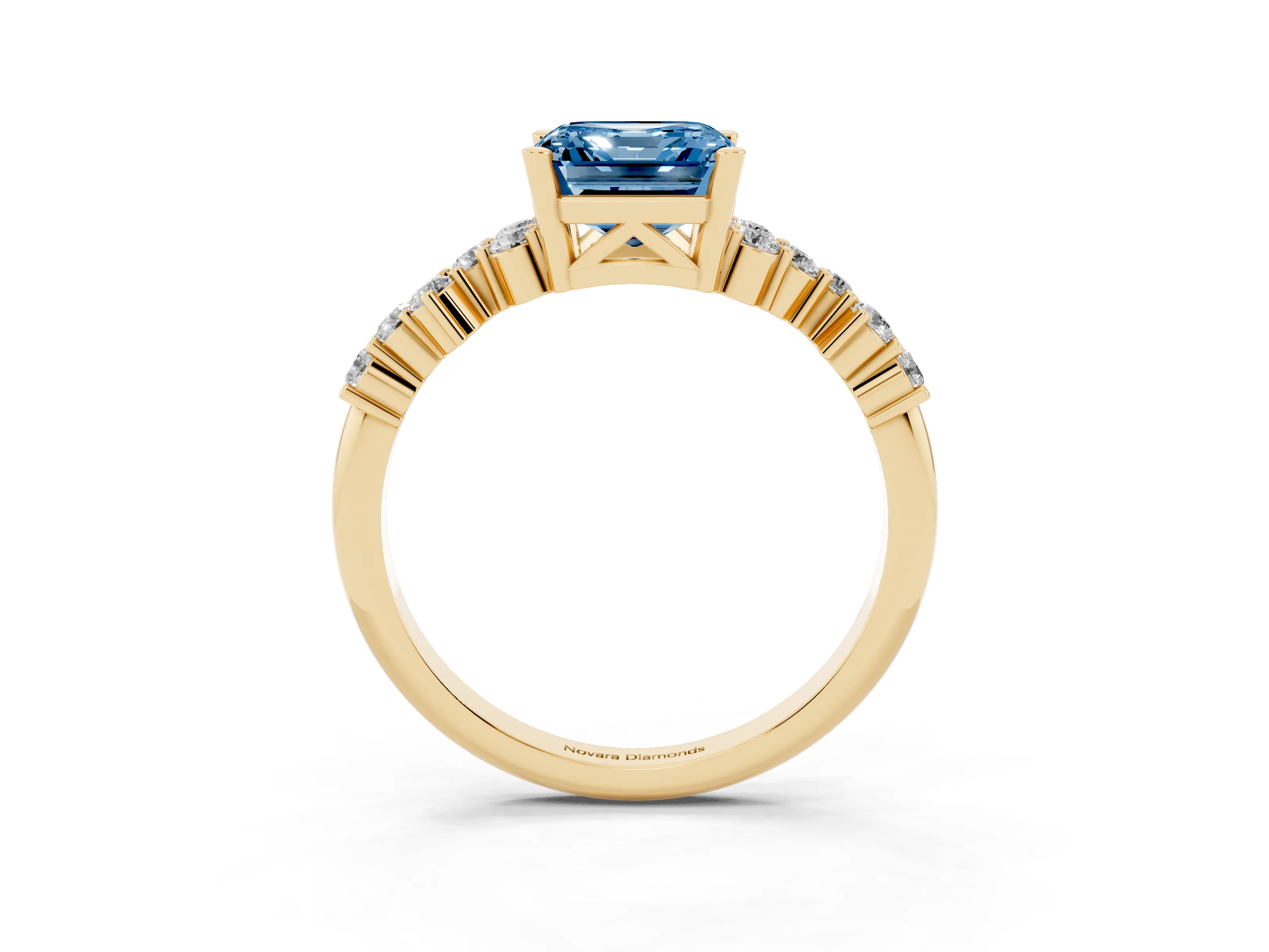 Fancy Blue Asscher Cut Diamond Ring Set in Yellow gold with Scattered Round Accents