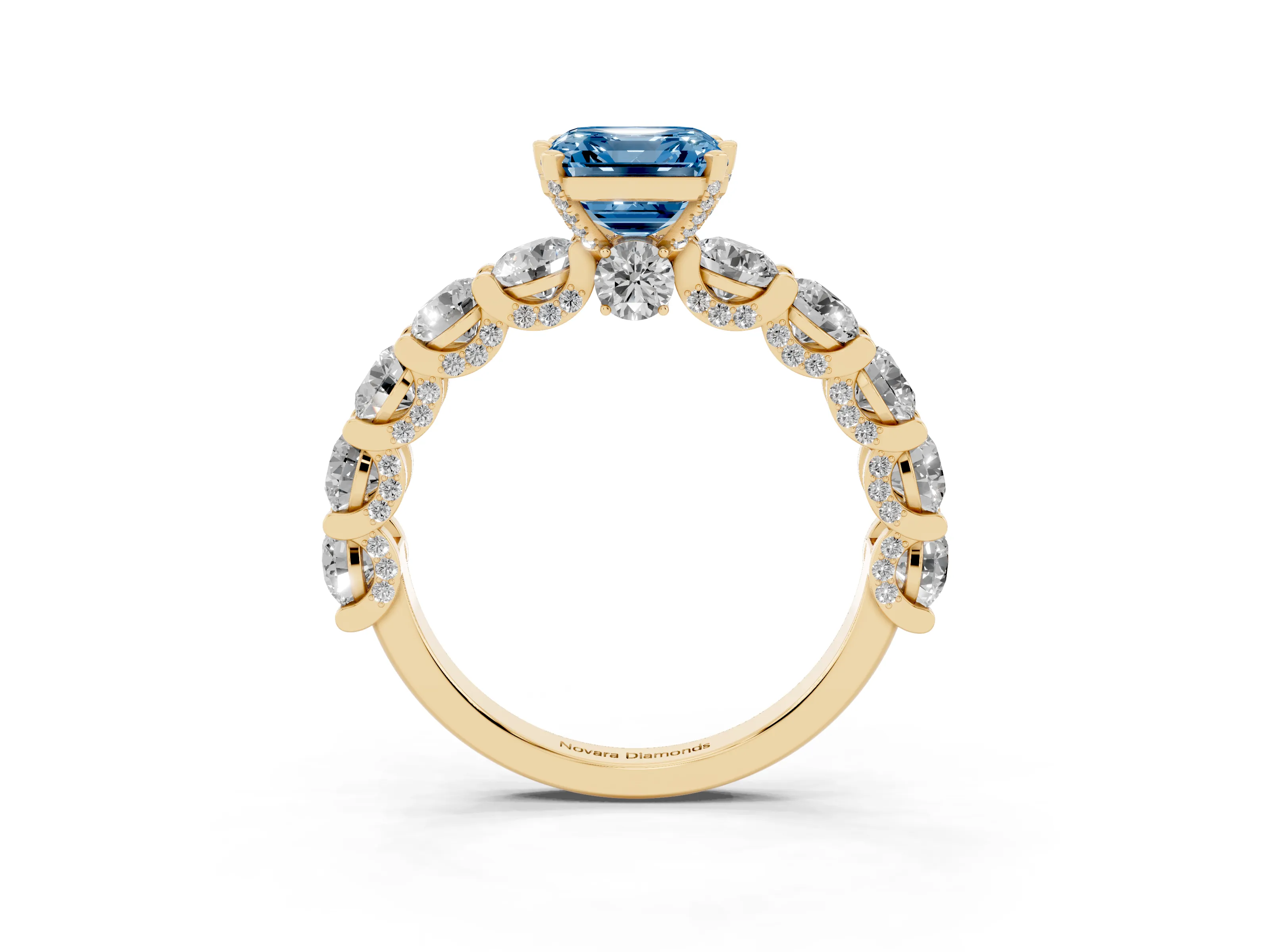 Fancy Blue Asscher Cut Diamond Side Stone Ring Set in Yellow gold with Alternating Round and Oval Side Stones