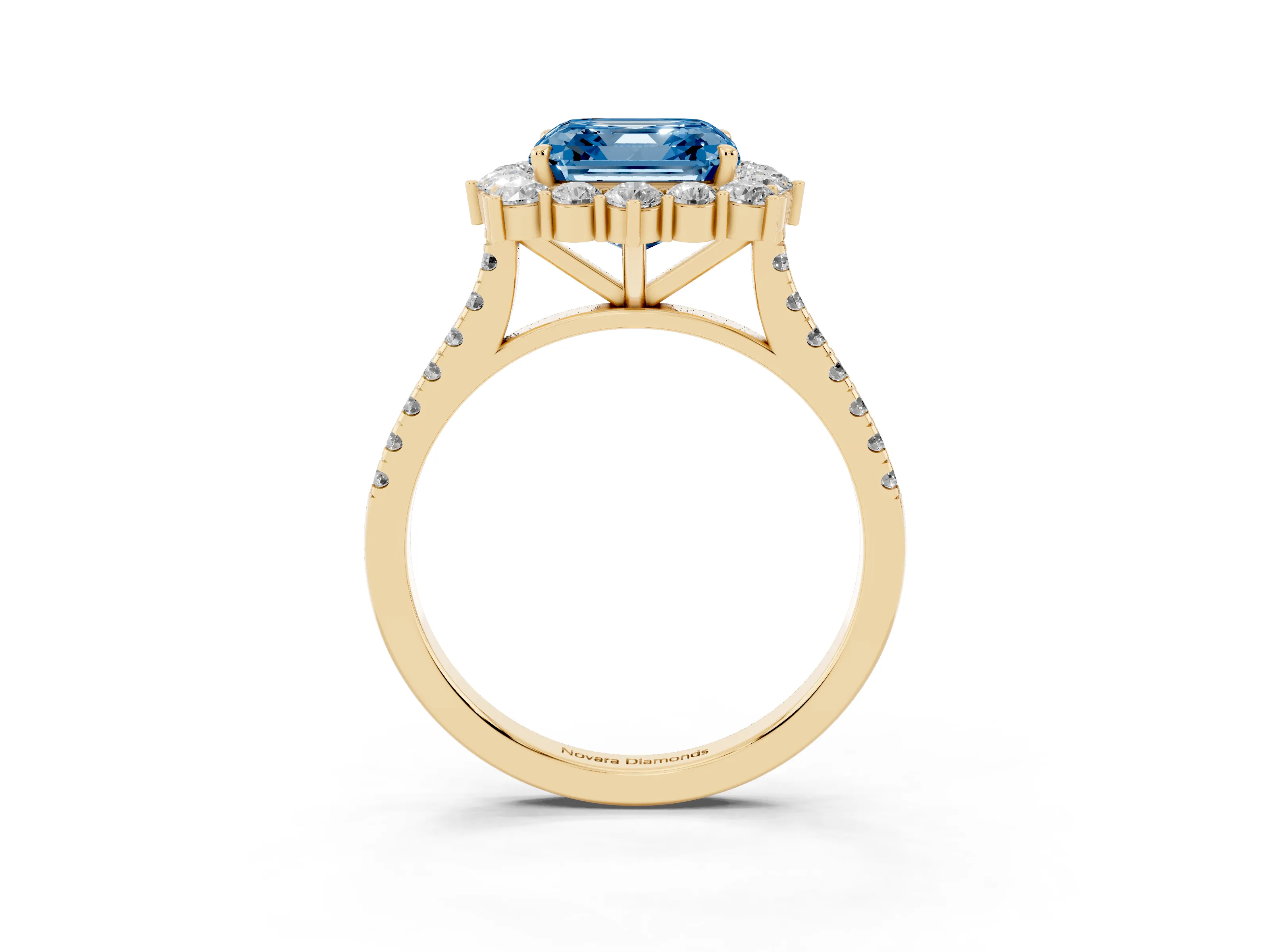 Fancy Blue Asscher Cut Diamond Halo Ring Set in Yellow gold with Pavé Band and Prong Setting