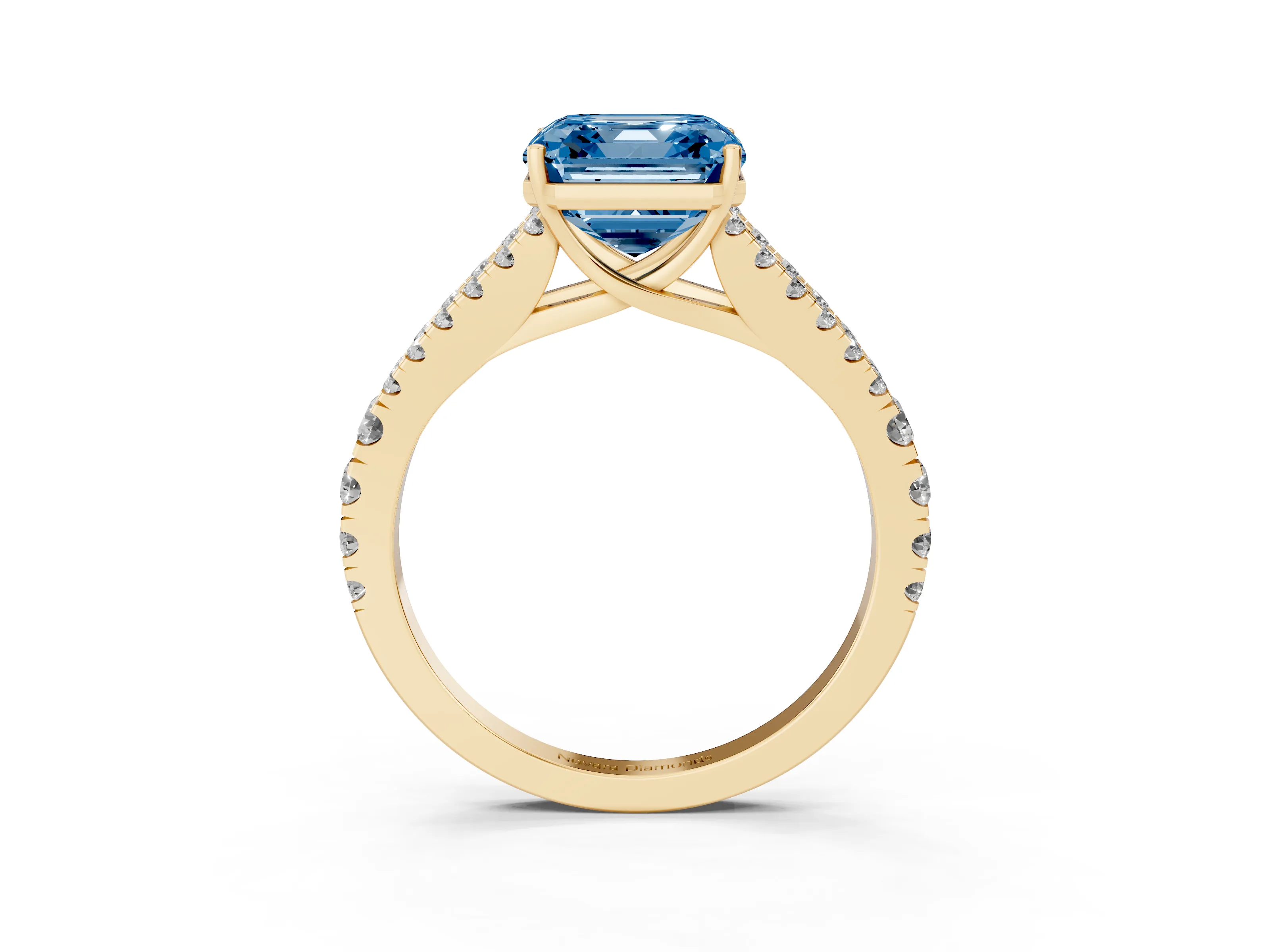 Fancy Blue Asscher Cut Diamond Split Shank Engagement Ring Set in Yellow gold with Round Pavé and Prong Setting