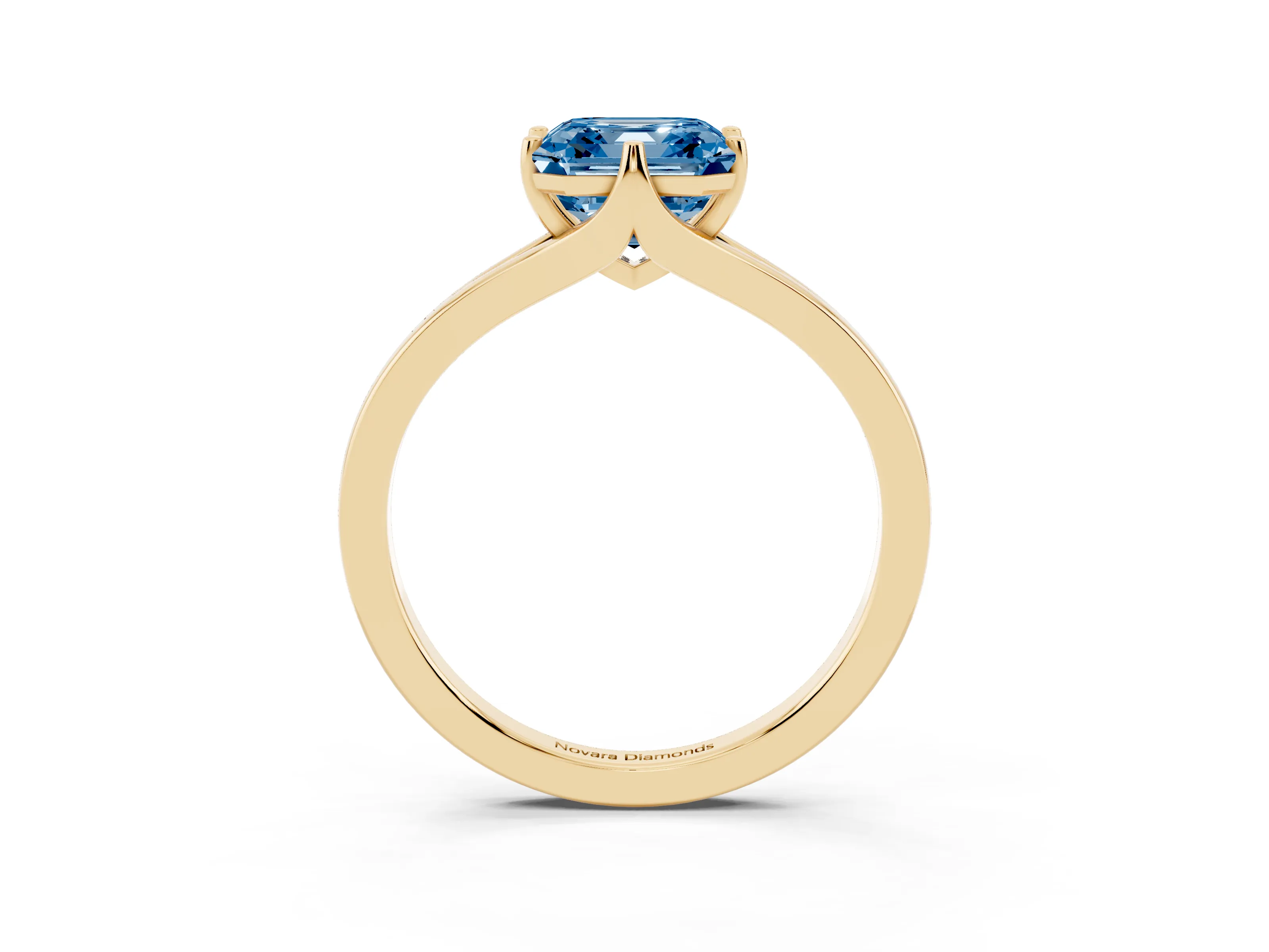 Fancy Blue Asscher Cut Diamond Solitaire Ring Set in Yellow gold with Polished Tapered Band and Prong Setting