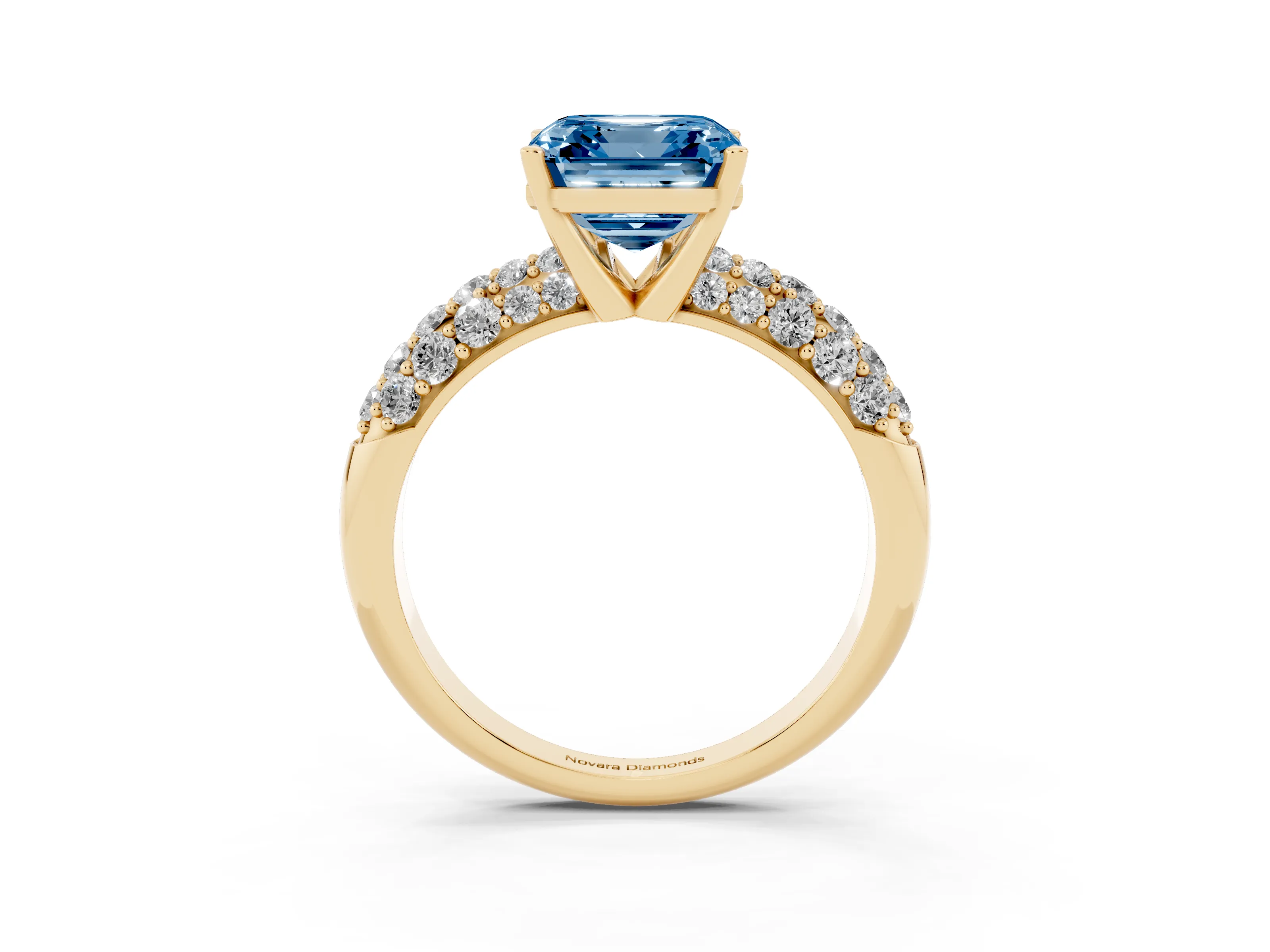 Fancy Blue Asscher Cut Diamond Pavé Band Solitaire Ring Set in Yellow gold with Close-Set Accent Stones and Prong Setting