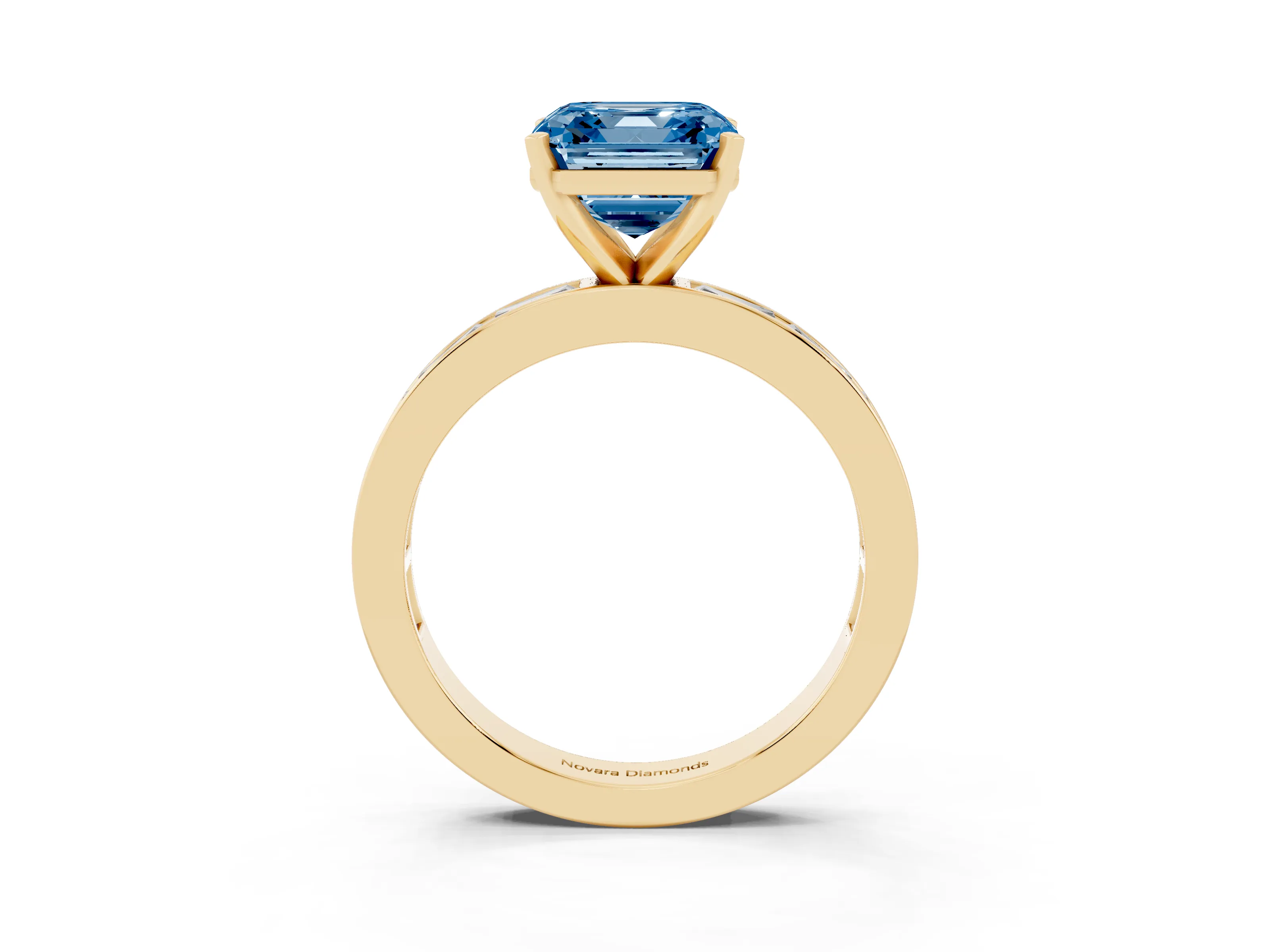 Fancy Blue Asscher Cut Diamond Solitaire Ring Set in Yellow gold with Channel-Set Baguette Band and Prong Setting