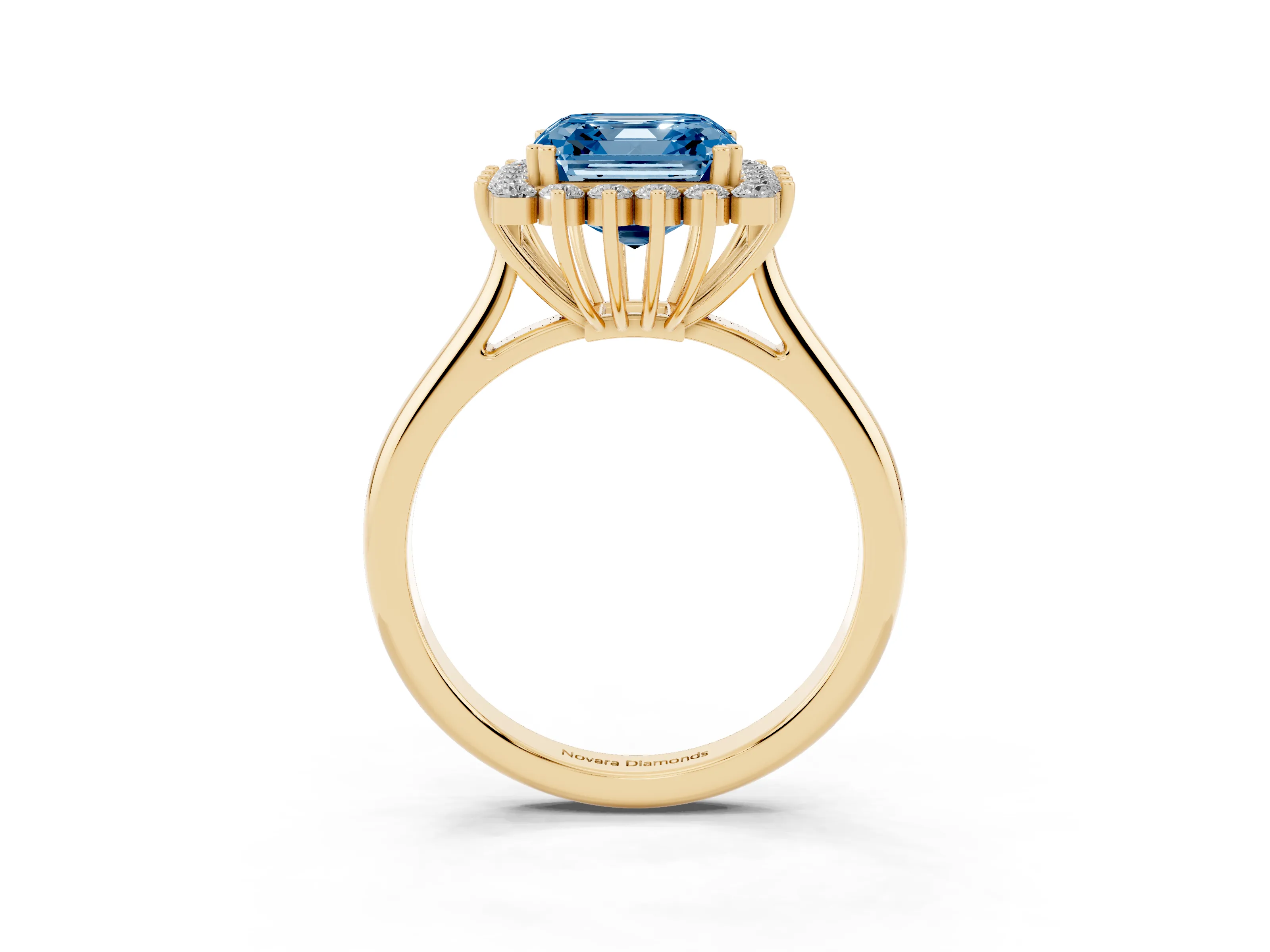 Fancy Blue Asscher Cut Diamond Halo Ring Set in Yellow gold with Plain Solitaire Band and Prong Setting